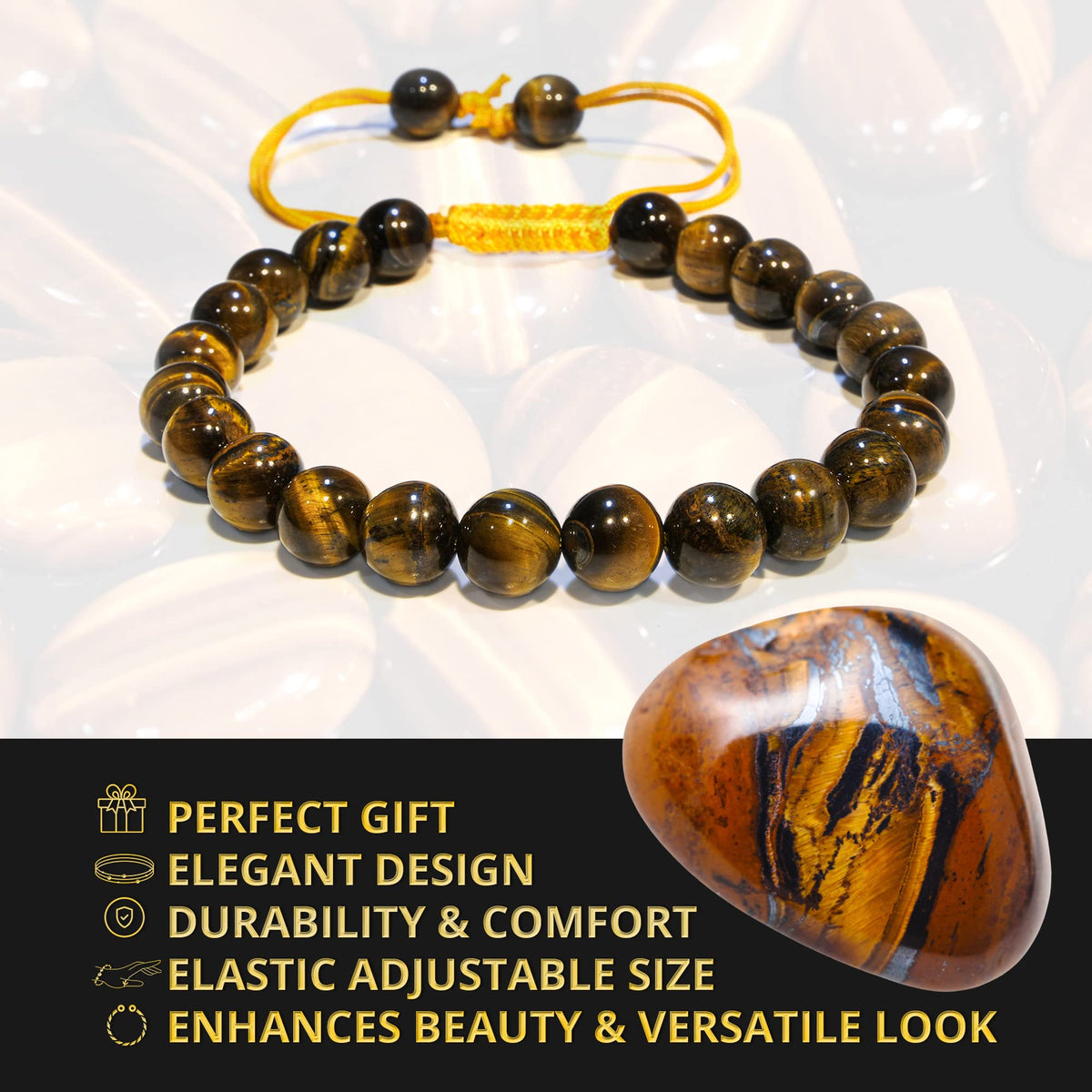 ANAYA AGATE Healing Crystal Bracelet – Chic Gemstone Bracelet for Men and Women – 8mm Round Bead Bracelets for Spiritual Healing, Protection, Positive Energy - Tiger Eye