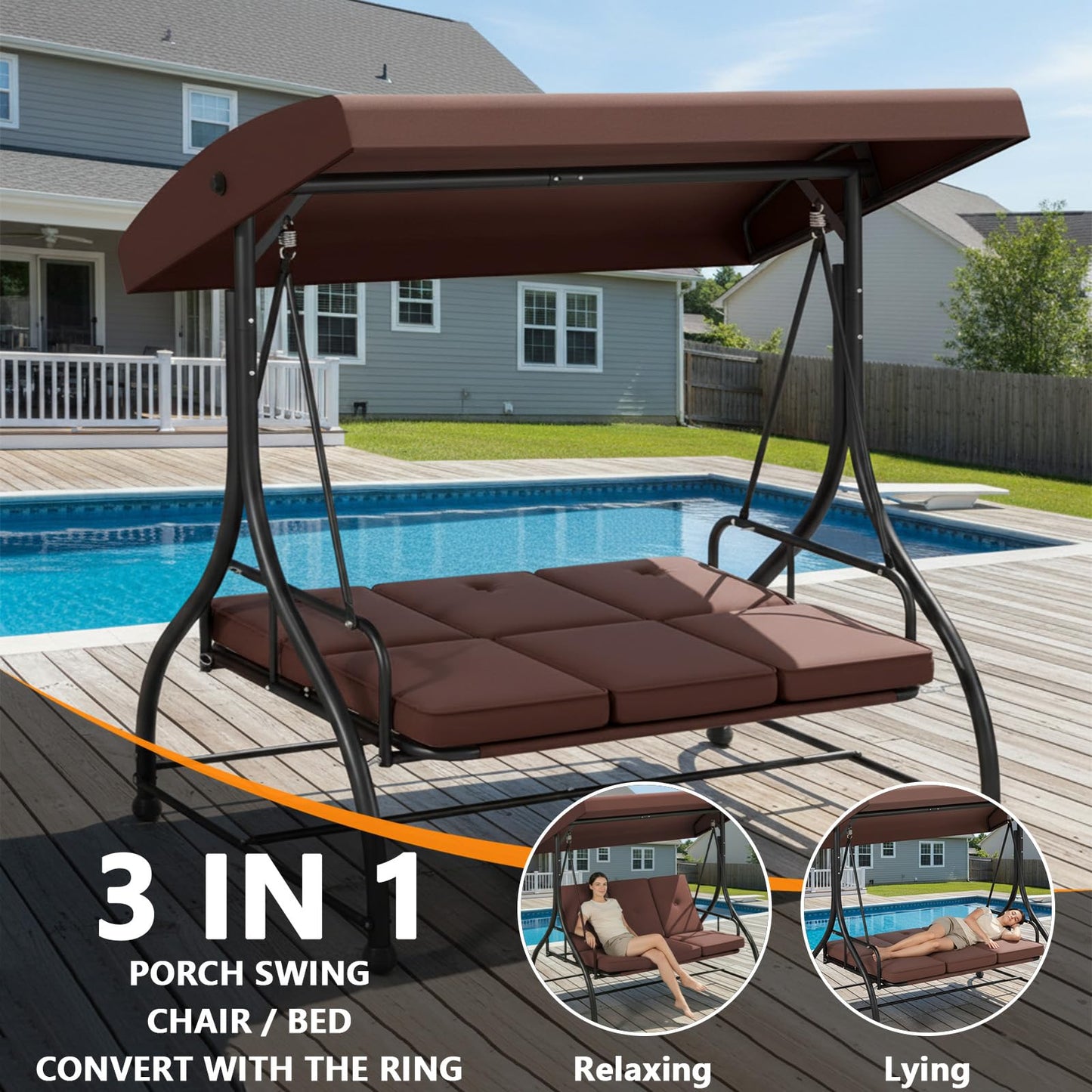 3 Seat Outdoor Porch Swing with Stand, 760 lbs Capacity Heavy Duty Patio Glider Swings for Adults, Convertible 2 in 1 Patio Swings Bed with Adjustable Canopy & Thick Cushions for Garden Yard