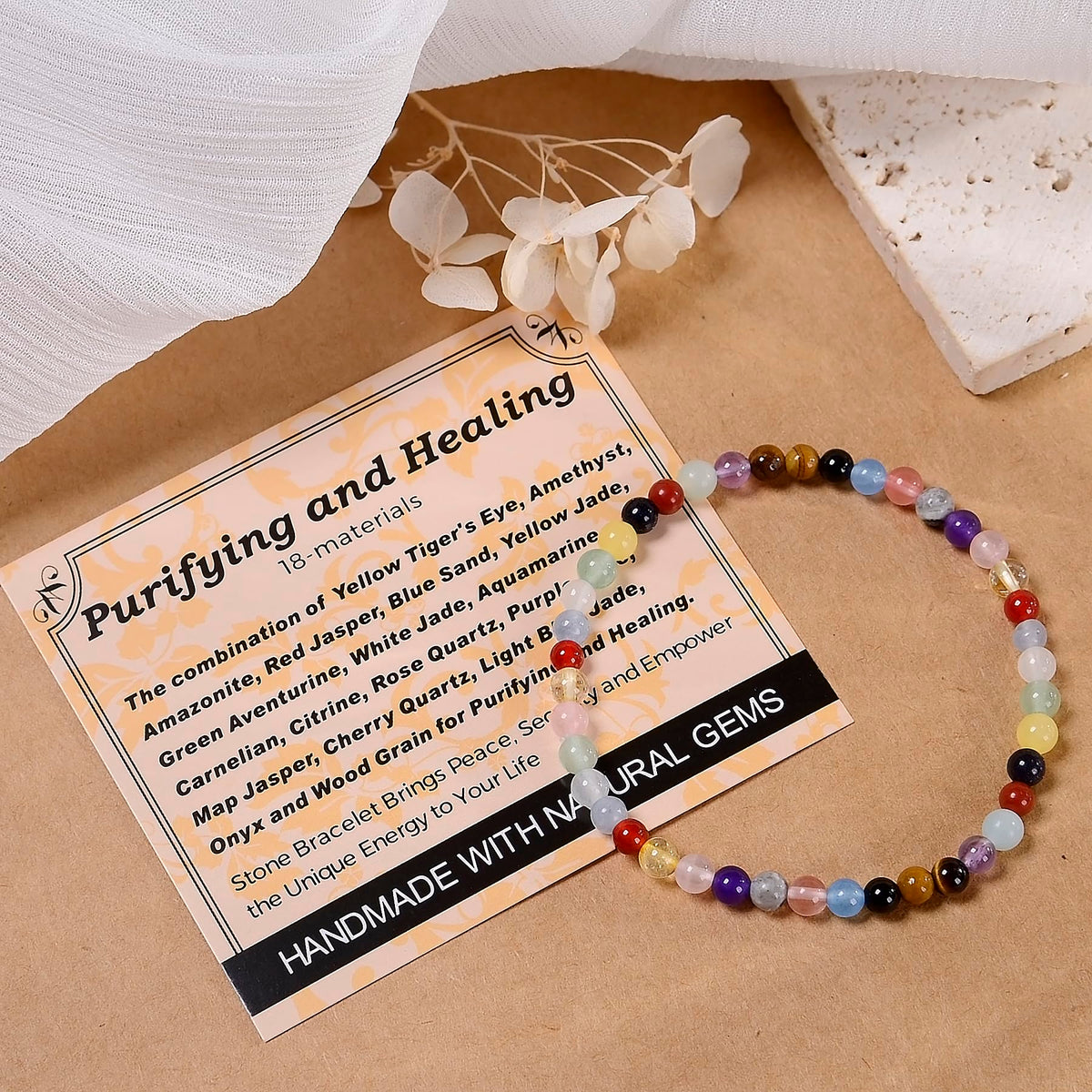 MASSIVE BEADS 18 Materials - Purifying and Healing Handmade Handmade Yoga Stretch Elastic Bracelet Natural Stone Crystal Healing Power Energy Gifts for Unisex Adult 4mm