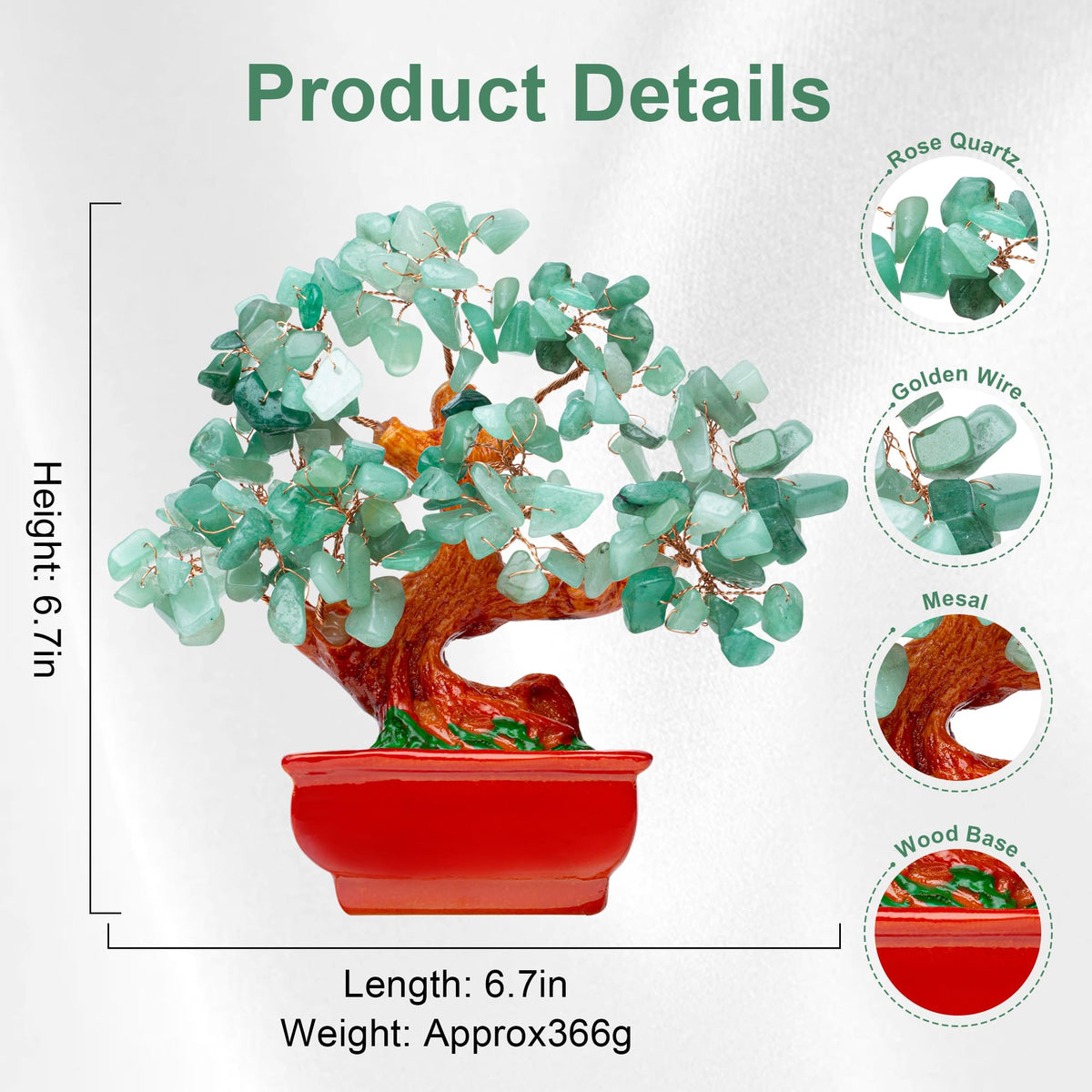 QINJIEJIE Green Aventurine Crystal Healing Money Tree of Life Feng Shui Decor Energy Gemstone Office Desk Meditation Spiritual Gift
