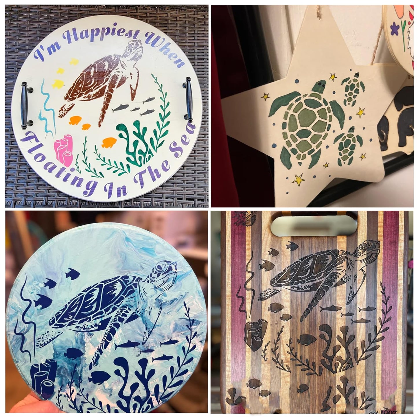 Ocean Stencils for Painting On Wood Turtle Seahorse Starfish Jellyfish Templates for Art Crafts Plastic Reusable Wood Burning Stencils for Wall Canvas (Sea)