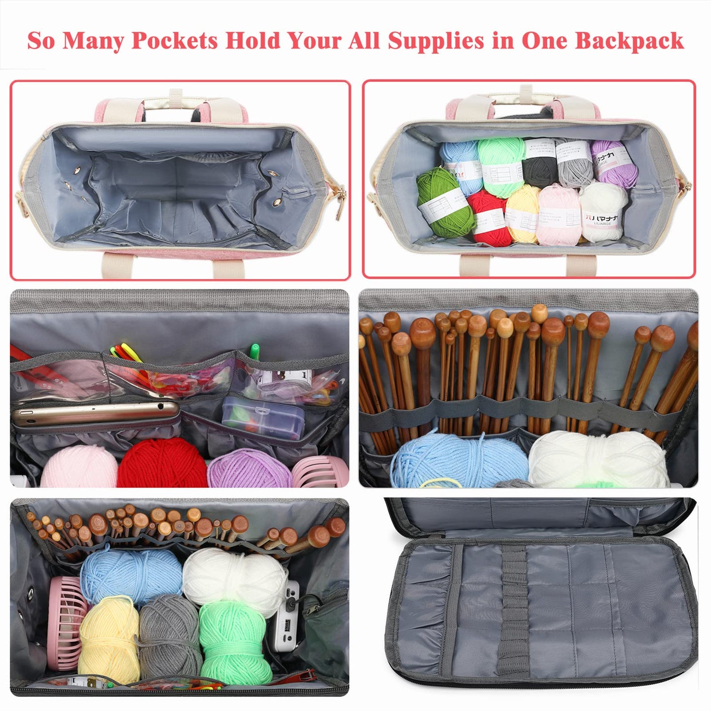 LTINVECK Knitting Bag Backpack,Yarn Storage Organizer Travel Crochet Bag,Large Capacity Tote Bag Yarn Holder Case for Carrying Projects, Knitting Needles, Crochet Hooks Pink