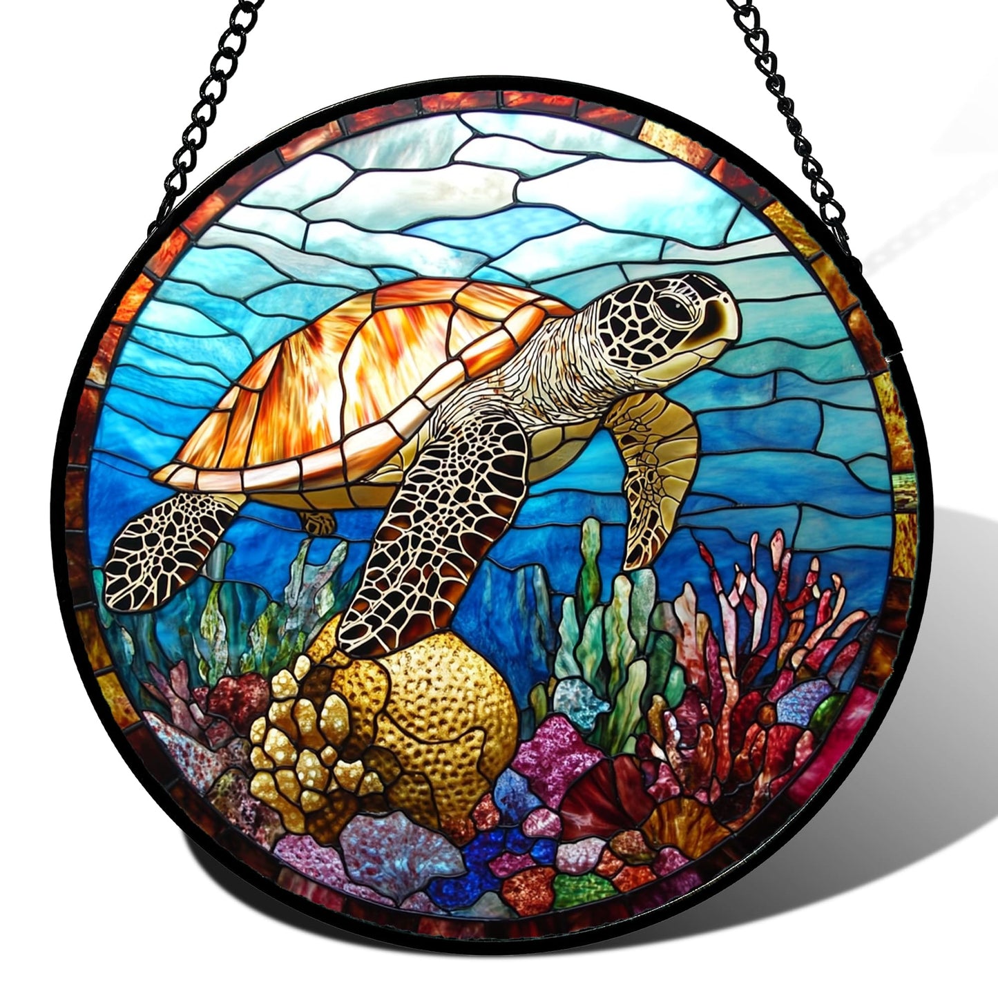 CRISGIF Stained Glass Window Hanging Blue Sea Ocean Coral Turtle Large 11.8" - Suncatcher Door Garden Sunroom Sun Catcher Home Decor Birthday Christmas for Mom Men Woman Nana