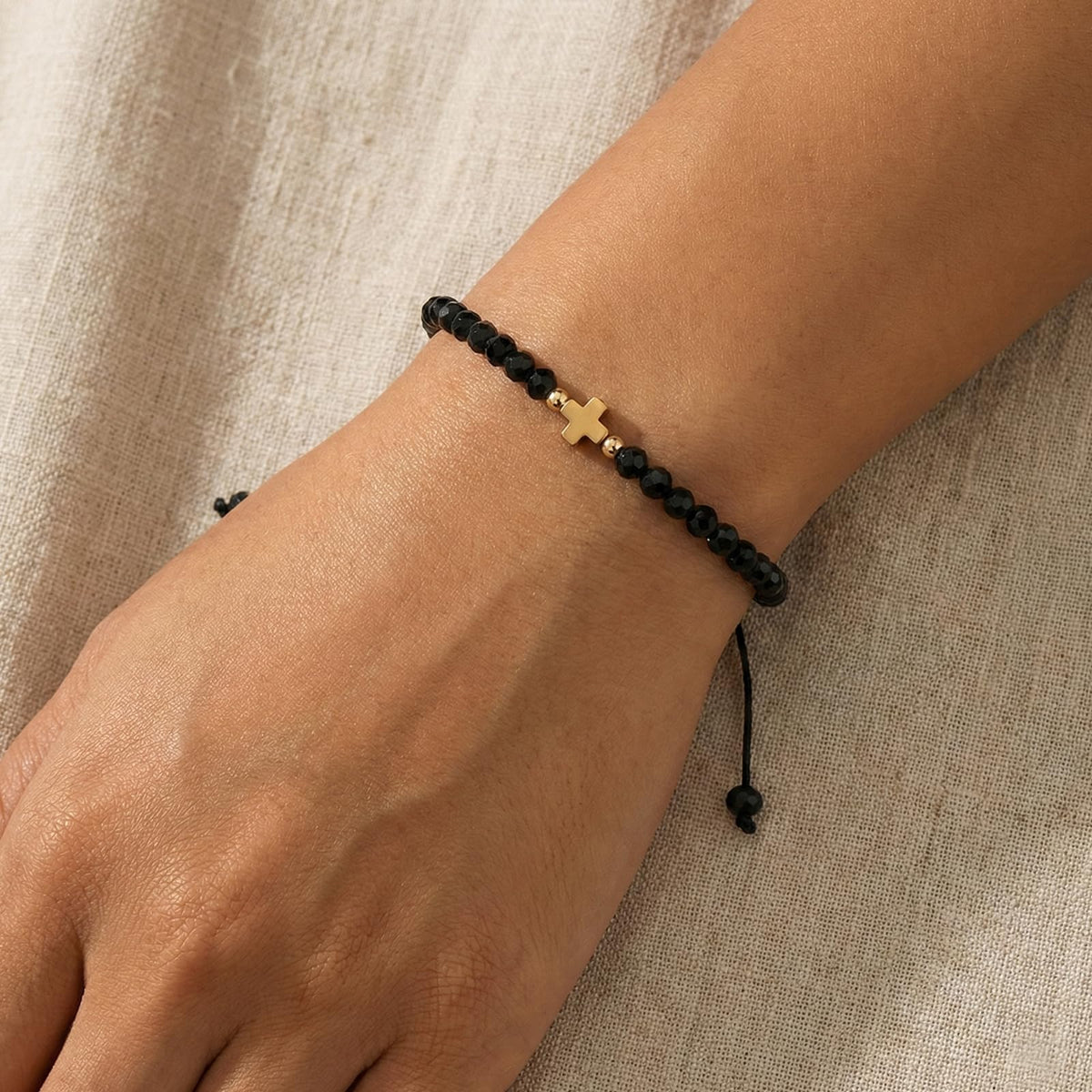 Opalencian Black Crystal Beads Drawstring Bracelet for Women,Gold Plated Cross Bracelets Charm Beads Good Luck Handmade Fashion Jewelry Gifts