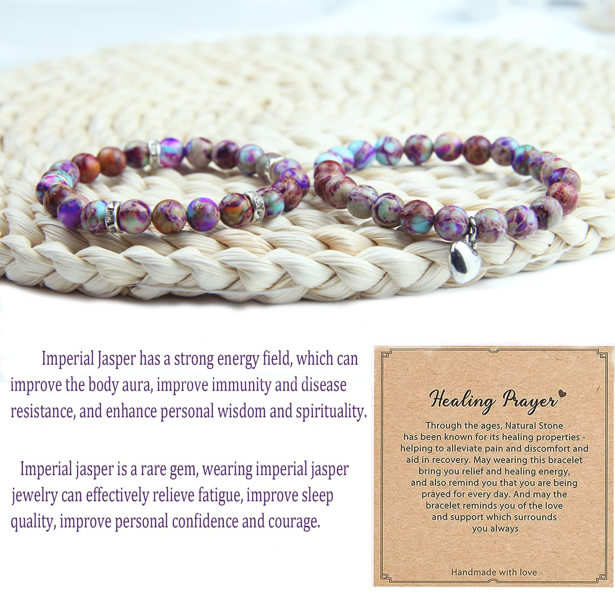 GDLKPYHS Healing Bracelets for Women - Imperial Jasper Bracelet - Healing Prayers Crystal Bracelet, 8mm Natural Stone Stress Relief Yoga Beads Get Well Soon Gifts