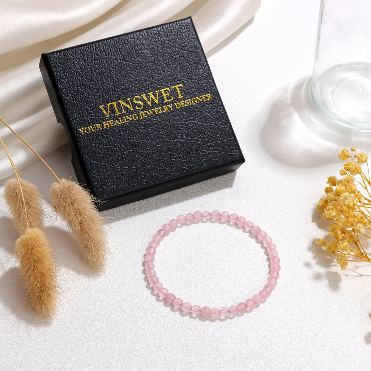 Vinswet Healing Crystal Bracelets for Women Men 4mm Rose Quartz Natural Stone Beaded Stretch Bracelet Handmade Gemstone Reiki Spiritual Jewelry Gifts