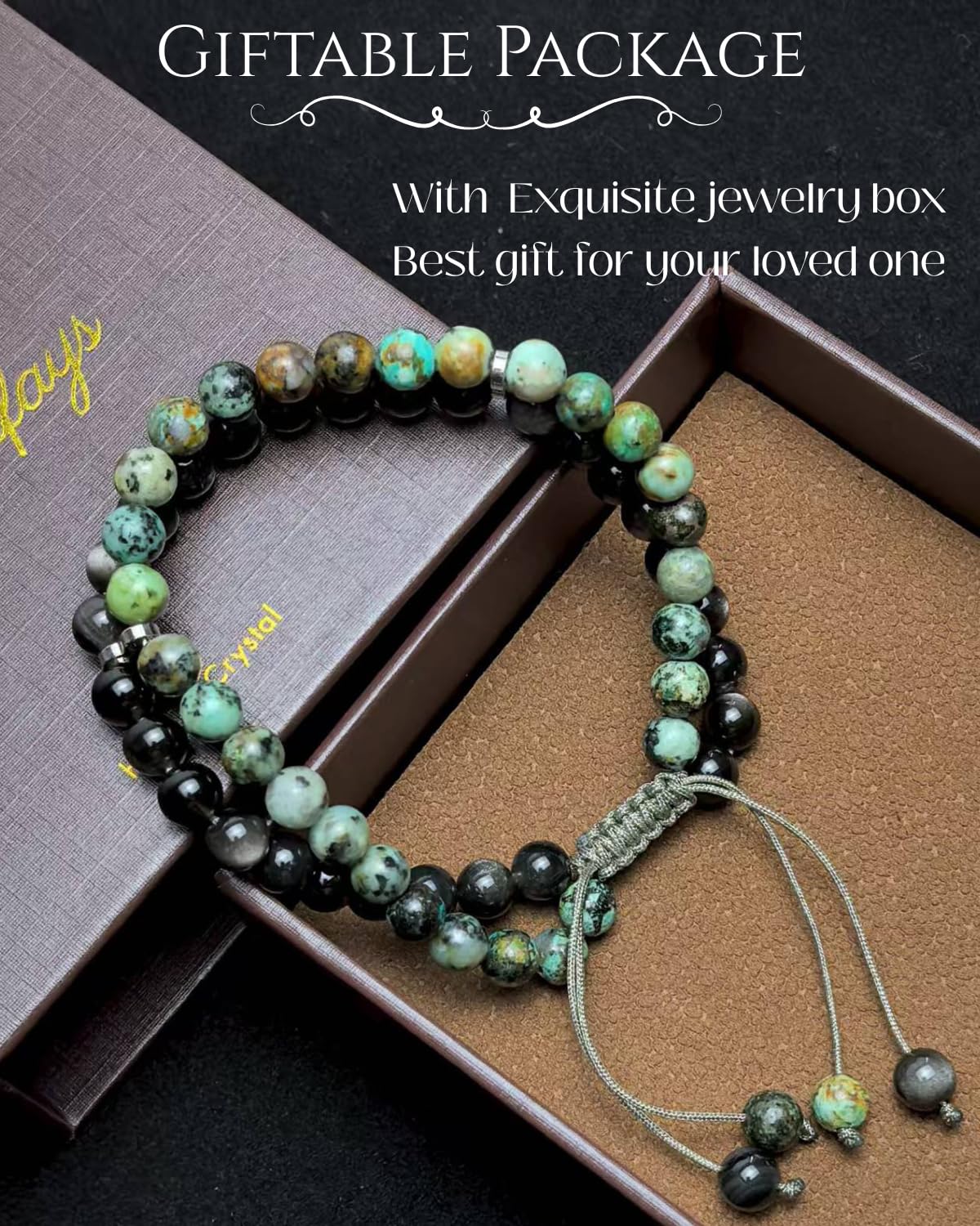 Atminafays 6MM Stackable Healing Bracelet - Mookaite Jasper, Tiger's Eye & African Turquoise with Silver Sheen Obsidian Beads | Adjustable Handwoven Cord | Boho Chic Spiritual Jewelry for Men & Women (Calm & Luck)