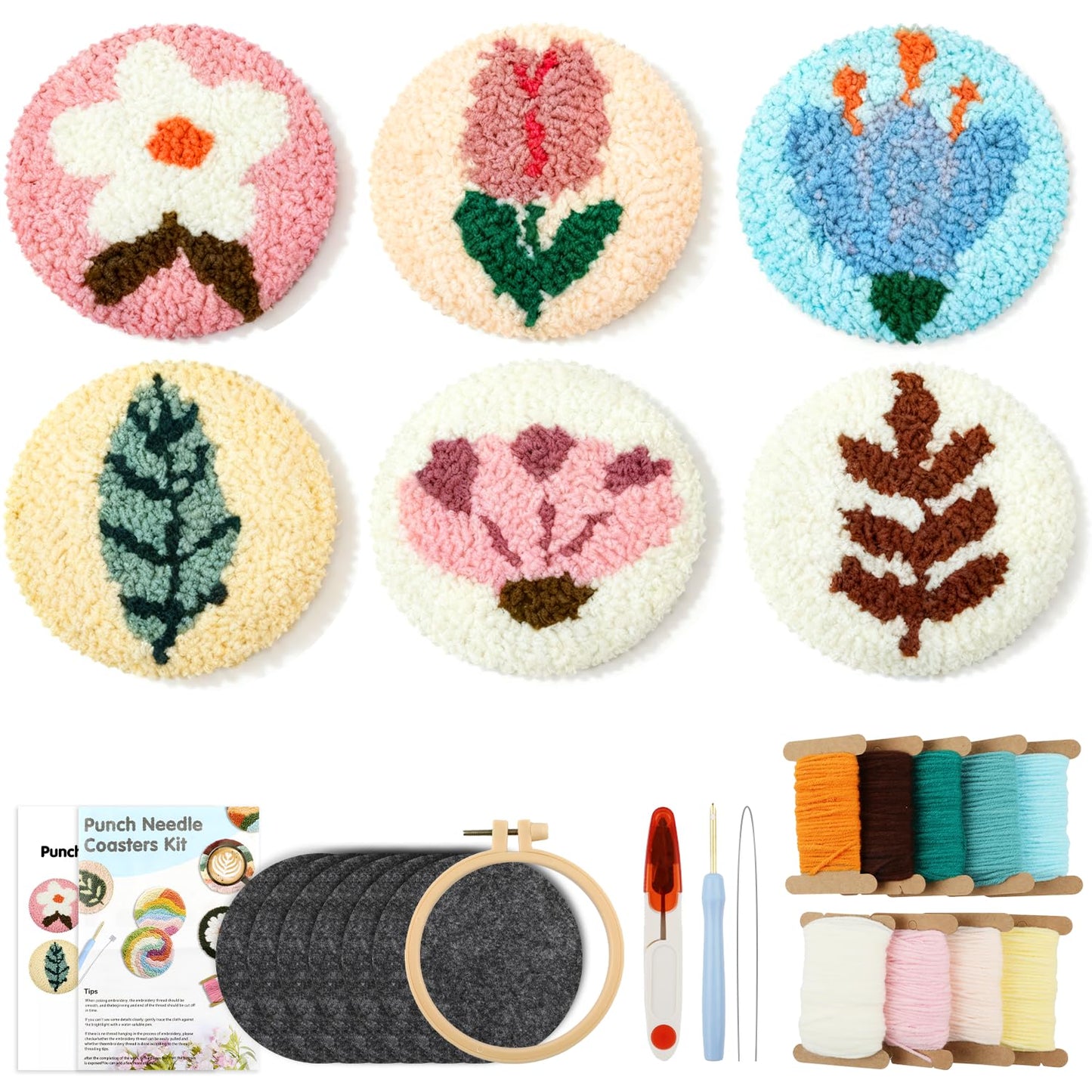 6 Pcs Punch Needle Coaster Kit for Adults Beginner, Plant Floral Punch Needle Embroidery Kit with Yarns, Hoop, Threader, Felt Cloths, Instruction, Coaster Making Supplies for Home Decor, Gift Making