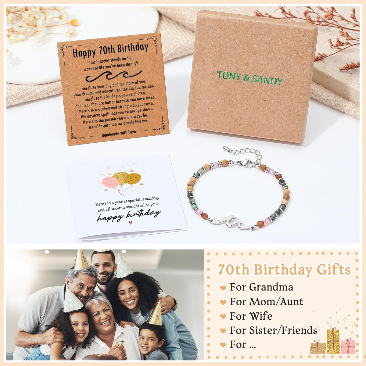 TONY & SANDY 70th Birthday Gifts for Women, Wave Bracelet for Women Jewelry, 70th Birthday Decorations for Her, Unique 70 Year Old Bday Gifts for Woman, Friend, Mom, Wife, Sister, Grandma