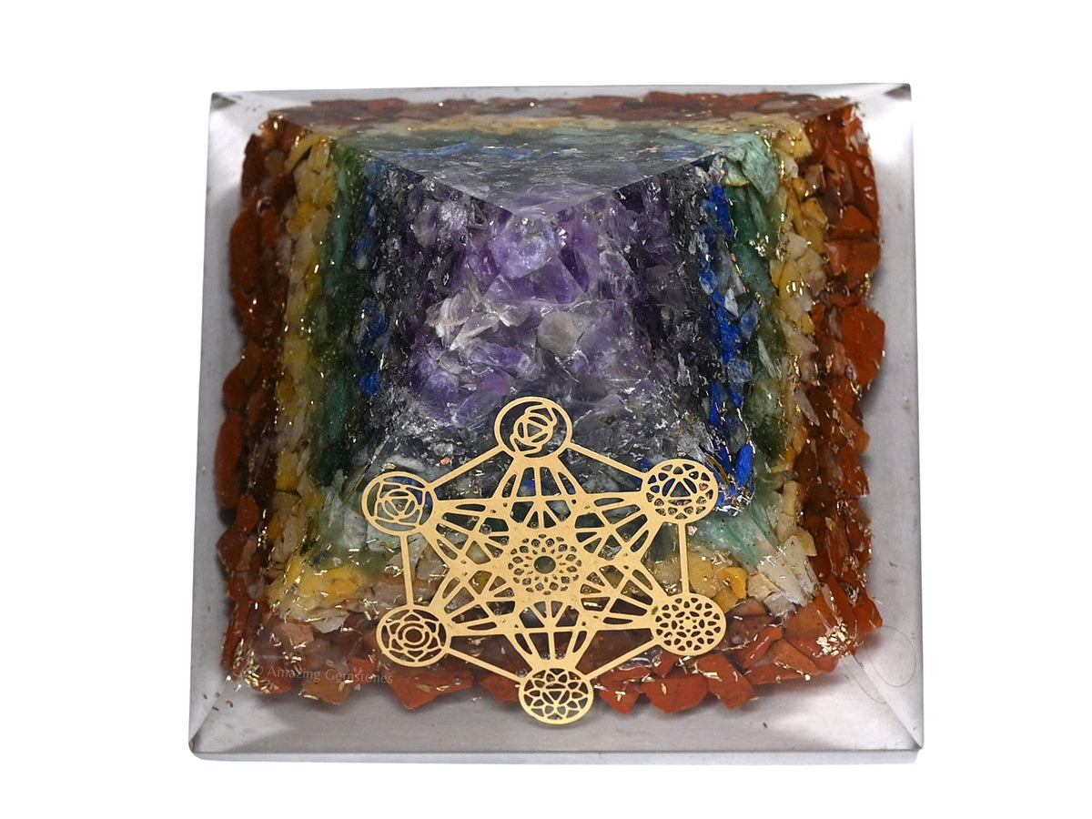 Amazing Gemstone Large Orgone Pyramid | Natural Chakra Pyramid Crystal | Chakra Metatron Orgonite Pyramid | Organ Pyramids Positive Energy Healing