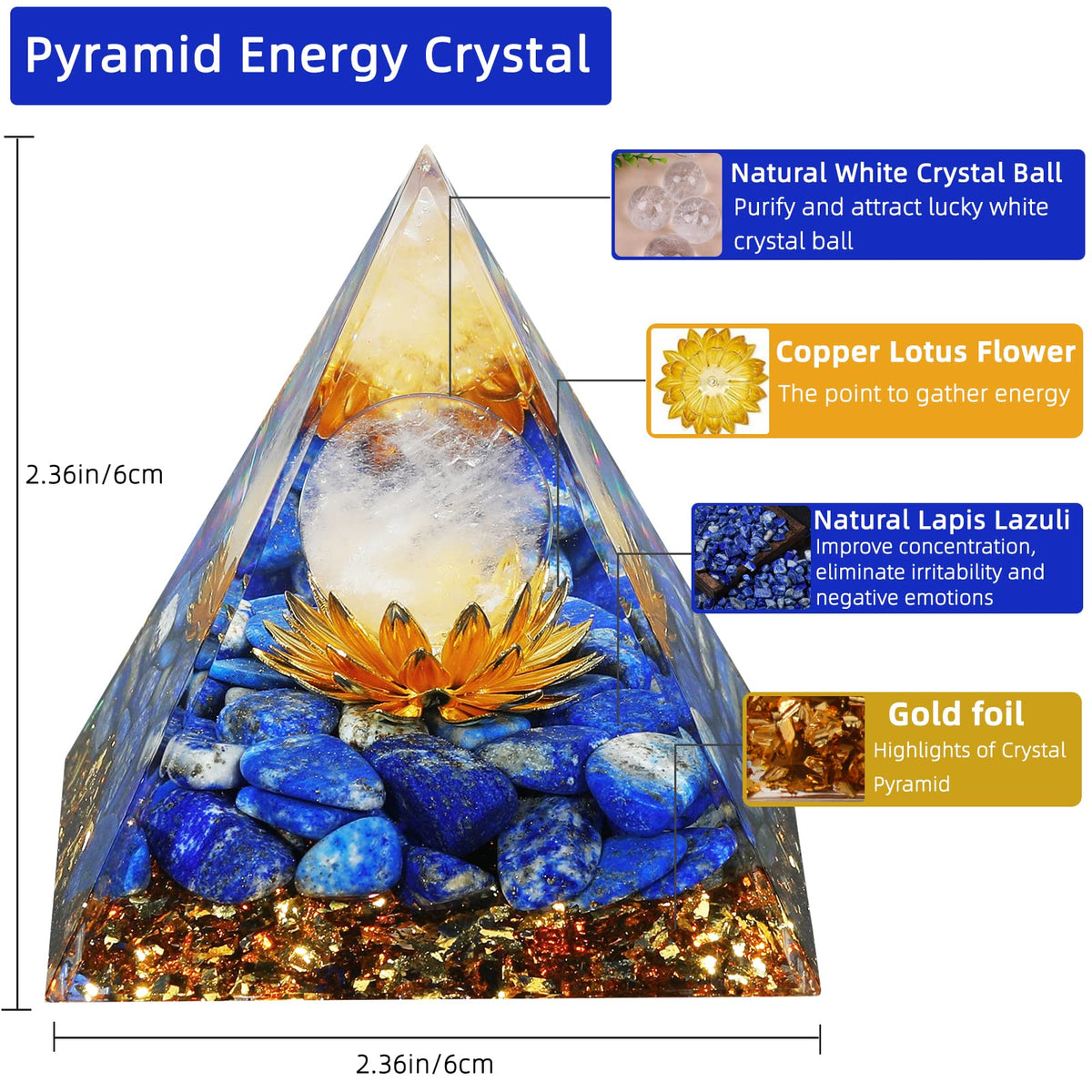 Hopeseed Orgone Pyramid for Positive Energy, Orgonite White Crystal&Lapis Lazuli Stone Healing Crystals Pyramid Set for Reduce Stress Chakra Reiki Healing Meditation Attracts Lucky