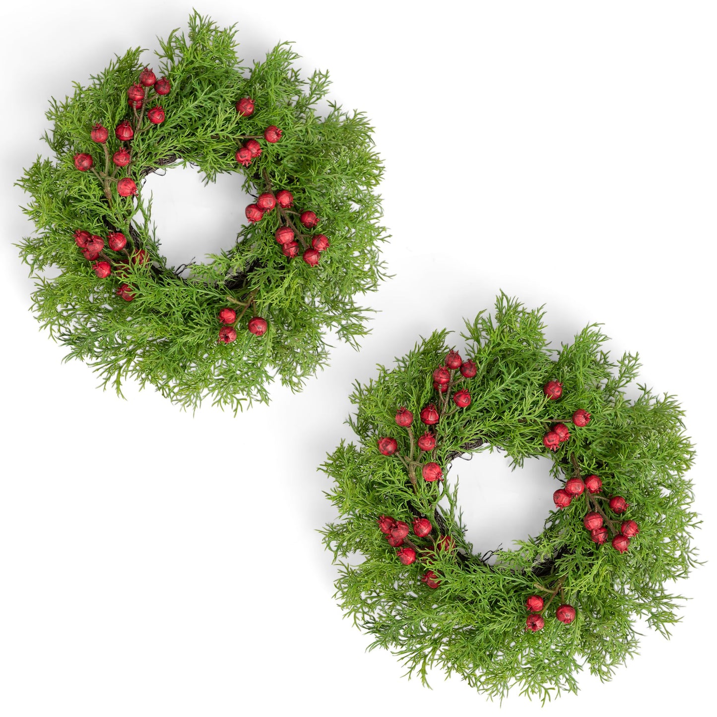 Fuxdre 2 Pcs Christmas Candle Rings Wreaths, 10 Inch Candle Wreath with Artificial Red Berries and Cedar, Christmas Candle Holder Indoor Decor for Home Kitchen Cabinets Centerpieces for Tables