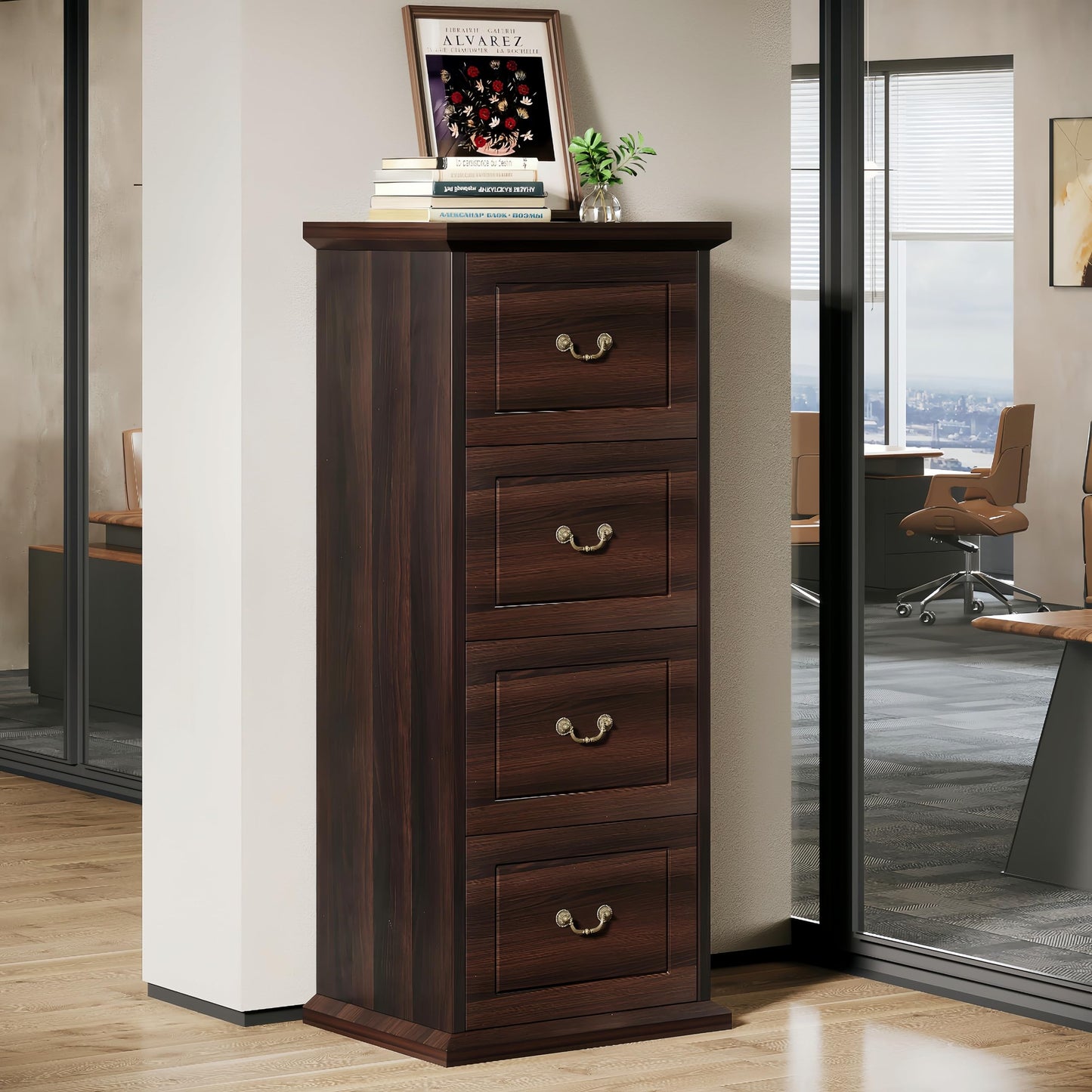 Tribesigns 4-Drawer File Filing Cabinet, Vertical File Cabinet Office Wood Filing Cabinet for A4 /Letter Size Narrow Tall File Storage for Home Office, Walnut
