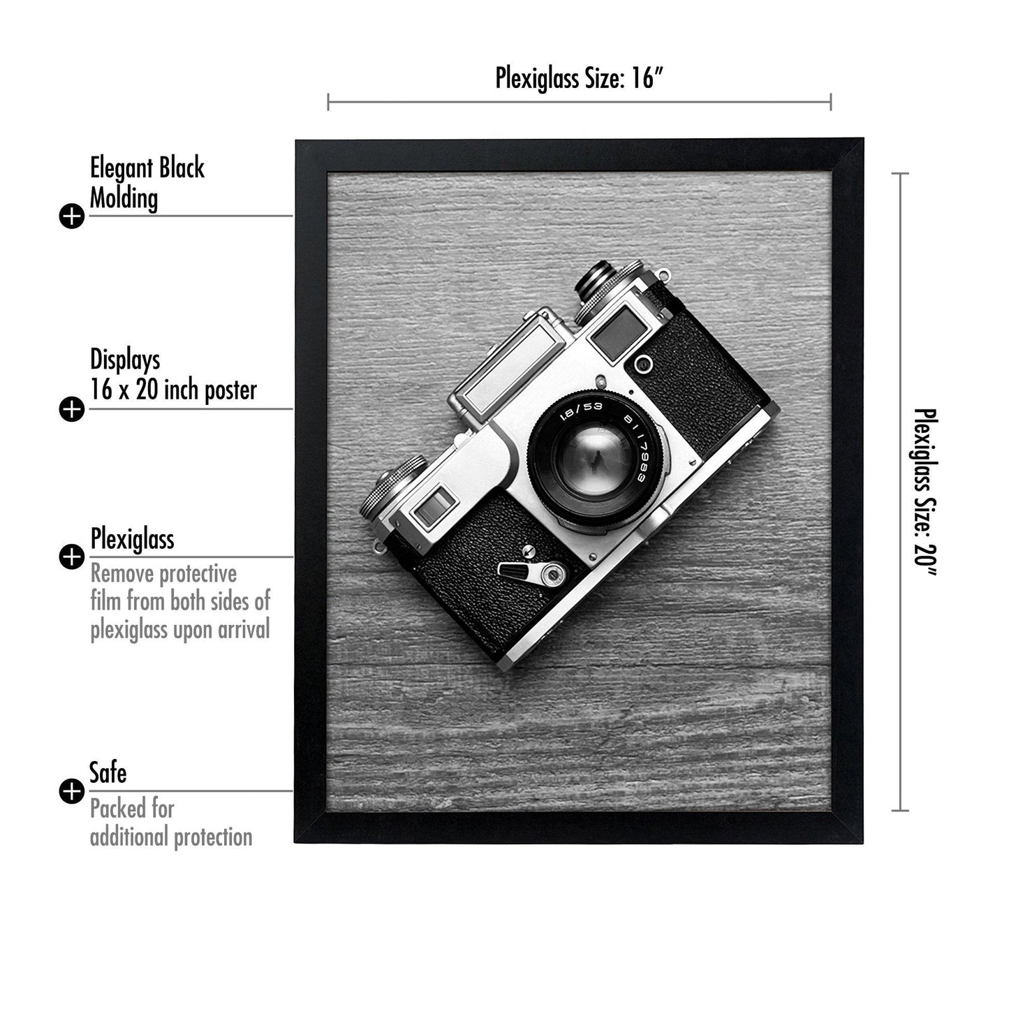 Americanflat 16x20 Picture Frame with Polished Plexiglass - Black Picture Frame - Wide Photo Frames Made of Engineered Wood for Vertical or Horizontal Wall Display - Epic Collection - Black