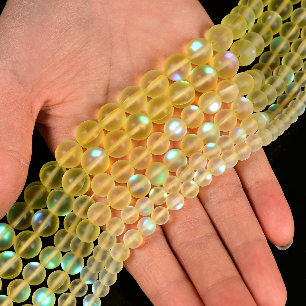 6mm Matte Yellow Mermaid Aurora Crystal Glass Bead, Glitter Round Synthetic Moonstone Beads for Jewelry Making Bracelets