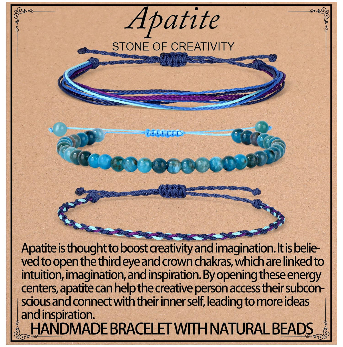 QOGIR Handmade Healing Bracelets,4mm Natural Blue Apatite Gem Stone Beads Bracelet for Men Women Gifts with 2PCS Size Adjustable Rope Bracelets