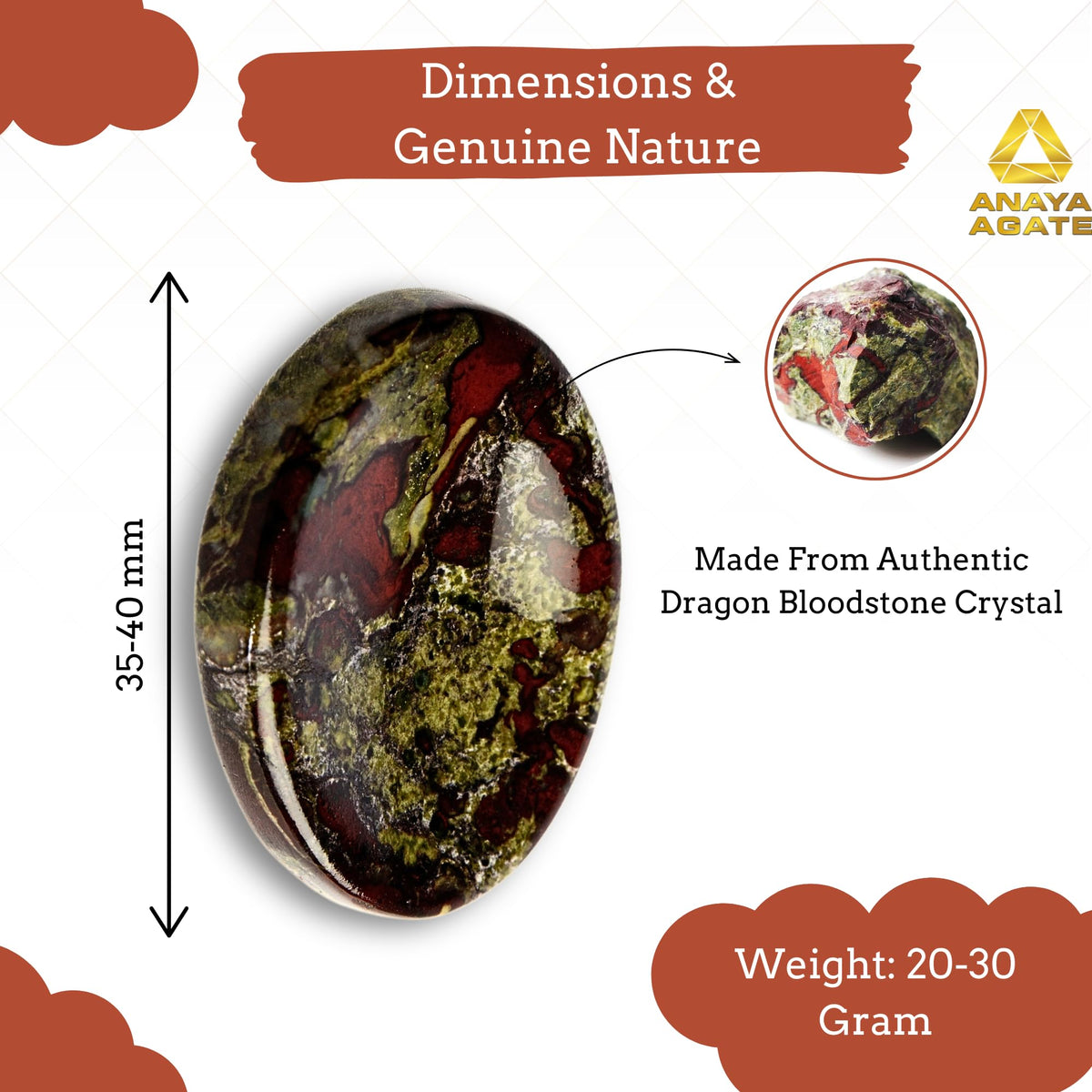 Anaya Agate Dragon Bloodstone Worry Stones Certified Crystal Thumb Worry Stone for Anguish, Relaxing and Soothing Balance Stones for Meditation Stress Relief Crystals and Healing Stones for Men, Women