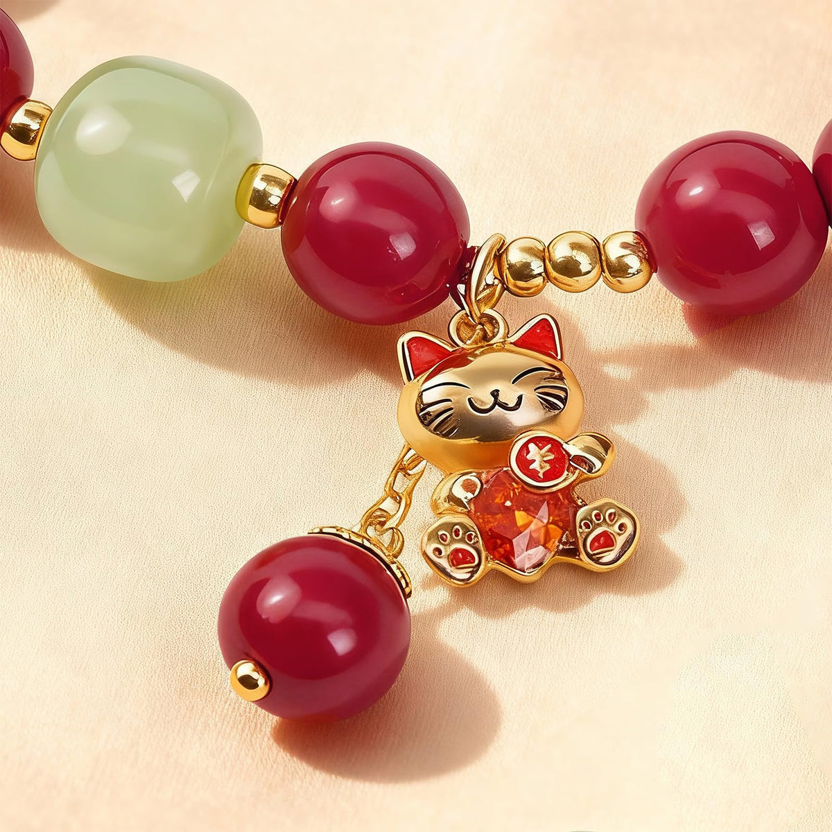 Buddha Stones Mothers Day Gifts 8mm Red Cinnabar Bracelet for Women, Feng Shui Lucky Cat Charm Bracelet with Jade, Healing Bracelets Attract Wealth and Good Luck, Stretch Bead Jewelry