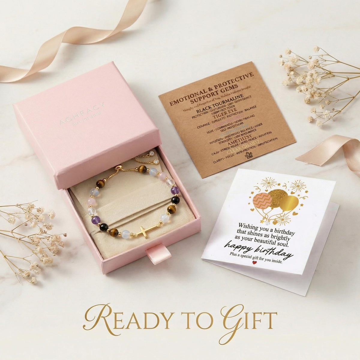 Aghfacy Christian Gifts for Women Birthday Cross Bracelet Natural Gemstone Crystal Bracelet Gold Cross Charm 60th Birthday Gifts for Women Adjustable with Message Card