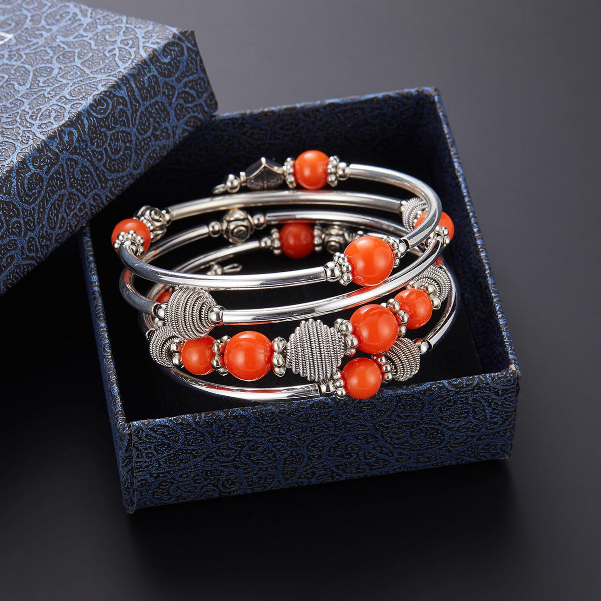 PEARL&CLUB Beaded Chakra Bangle Turquoise Bracelet - Fashion Jewelry Wrap Bracelet with Thick Silver Metal and Mala Beads, Birthday Gifts For Women(Orange)