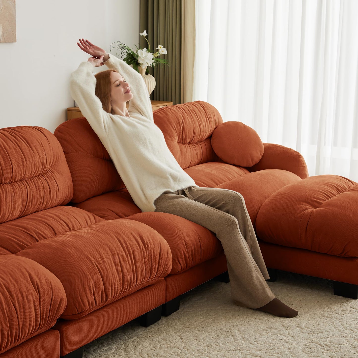 KEIKI 150" Cloud Modular Chenille Sectional Sofa Couch for Living Room, 4-Seat Sofa with Two Ottomans, Cloud-Like Plush Backrest Design, Requires Assembly, Ideal for U-Shape Spacious Home, Orange