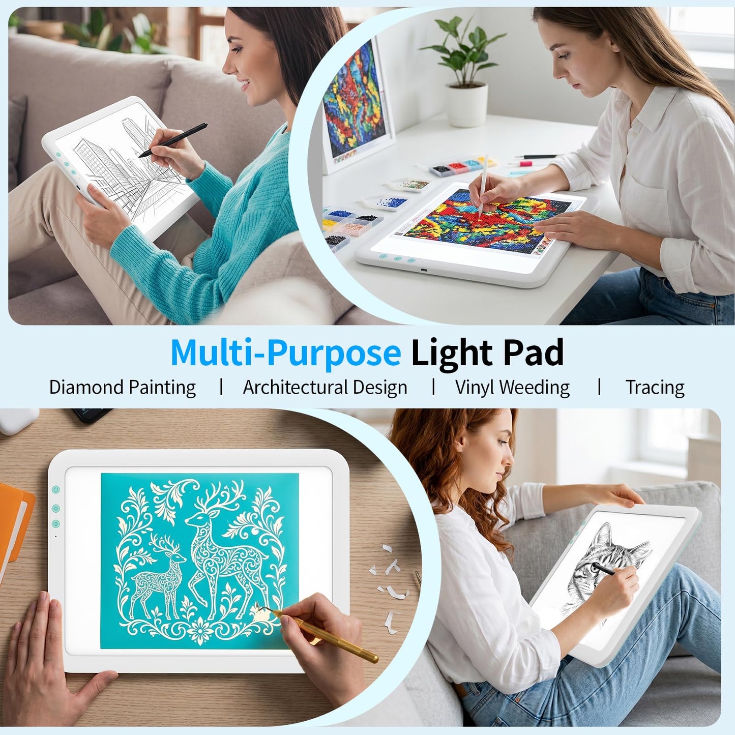 TOHETO A4 Rechargeable Led Super Bright Light Pad with Carry Bag for Weeding Vinyl Tool, Portable Wireless 3500mAh Battery Light Board/Box for Tracing, Diamond Painting, Sketching & Drawing