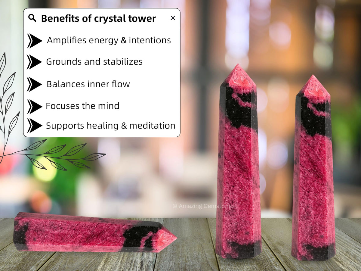 Amazing Gemstone Rhodonite Crystal Towers - Natural Healing Crystal Point Obelisk for Reiki Healing and Crystal Grid (3" to 4" INCH)