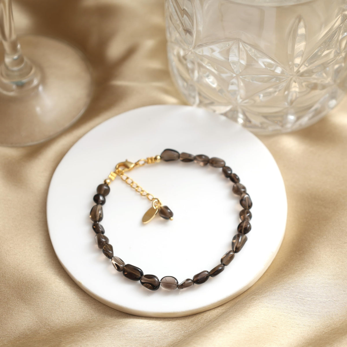Gempires Smoky Quartz Nuggets Bracelets for Women, Beaded Bracelets, Oval Shape Healing Crystals, Crystal Bracelets, 8-inch 14k Gold Plated Adjustable Chain