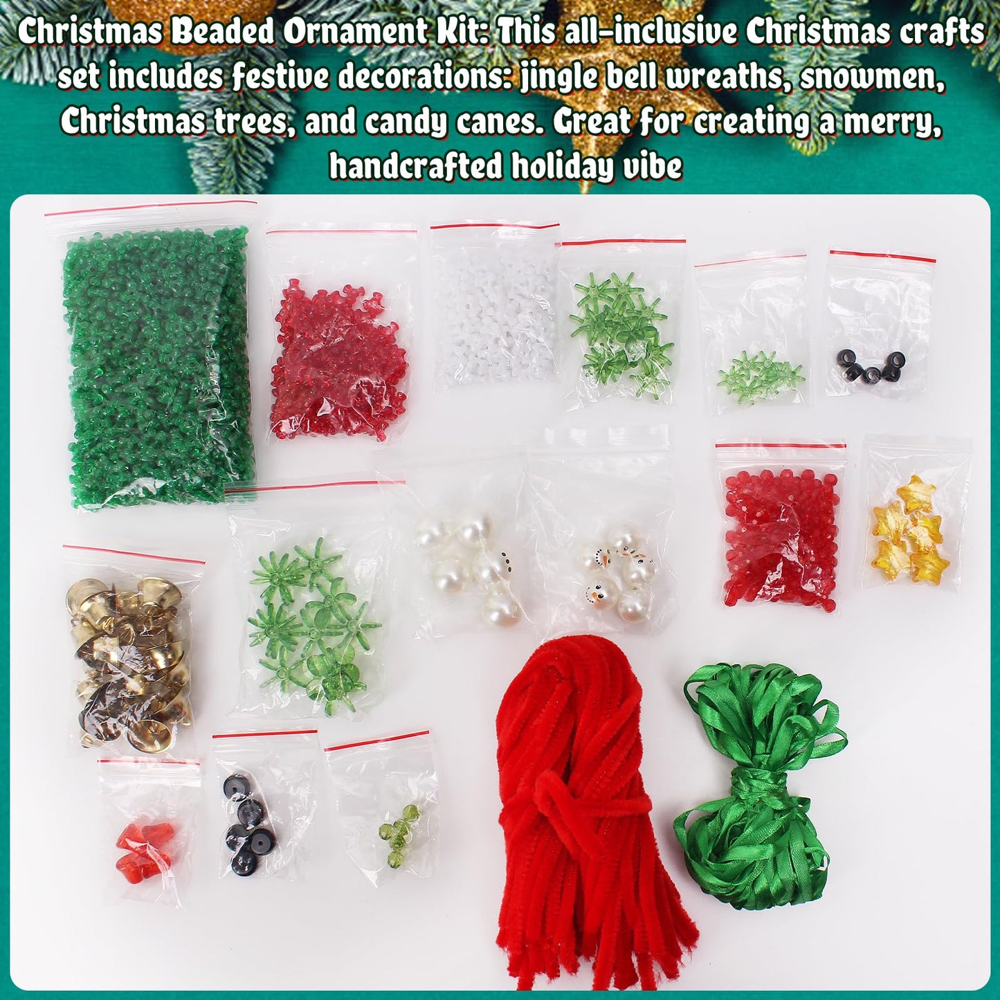 AWHETIE Christmas Crafts for Kids and Adults, 40 Sets Beaded Ornament Kit with 20 Wreaths with Bell, 5 Snowman, 5 Trees, 10 Candy Canes, Holiday Decorations
