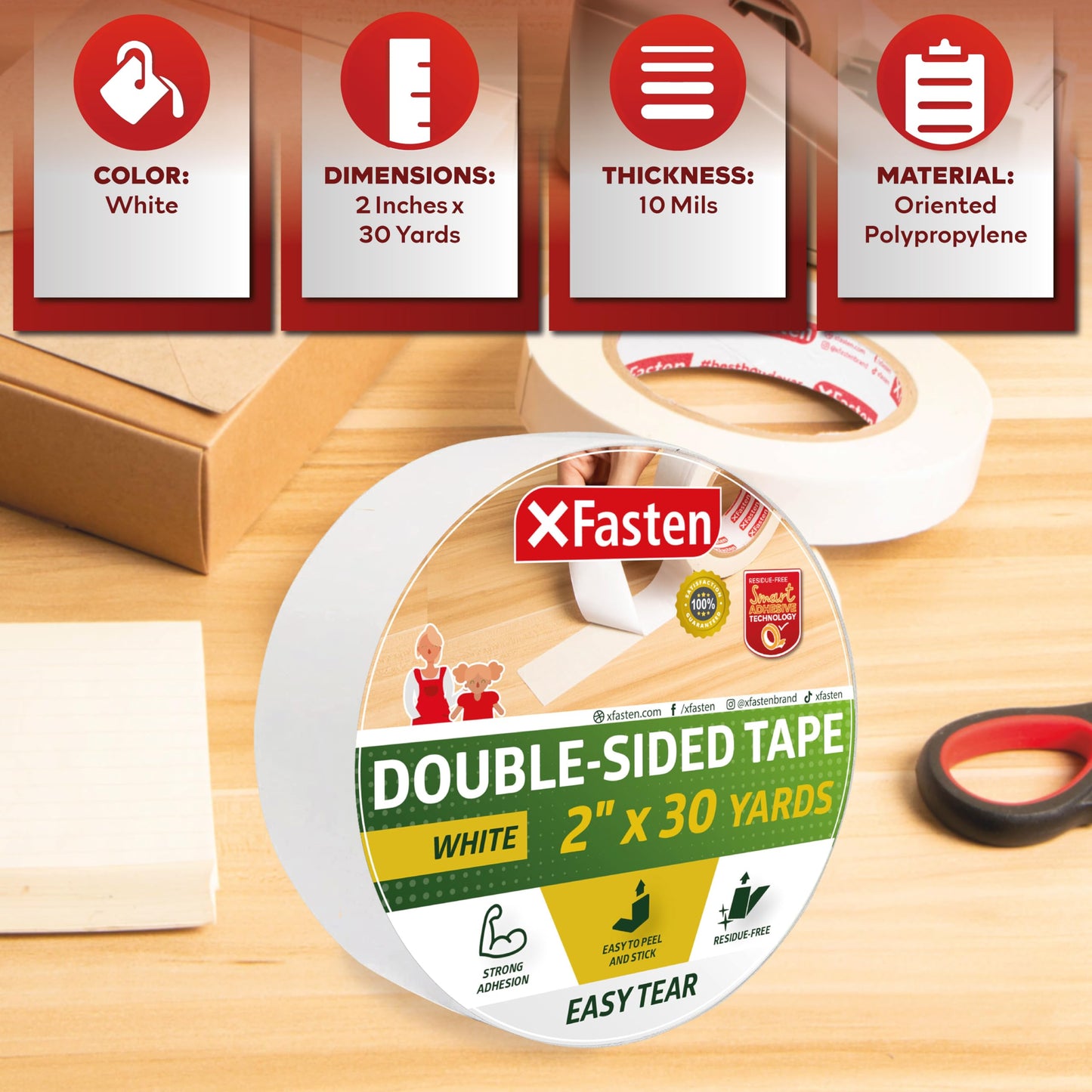 XFasten Tear-by-Hand Double Sided Tape, 2-inch by 30-Yard, Easy Tear for DIY Crafts, Woodworking and Carpet Installation