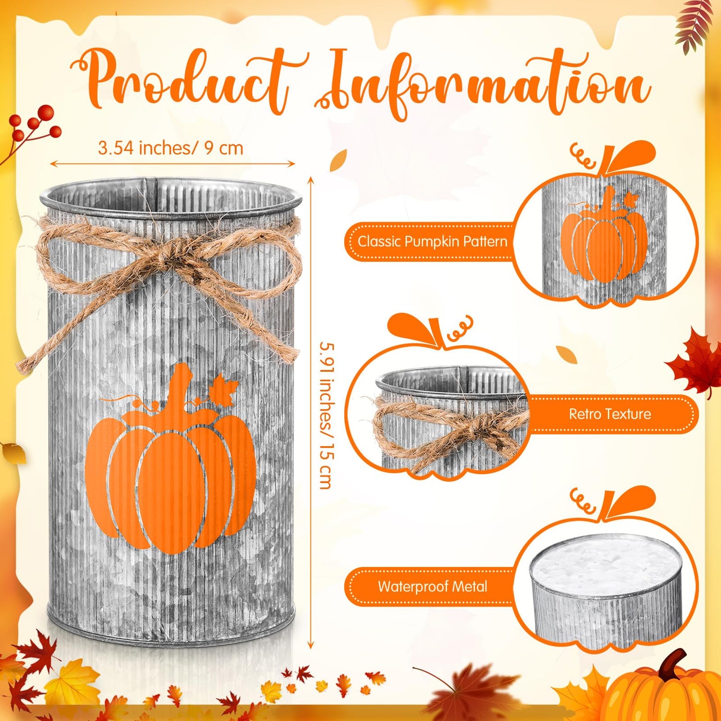 Domensi 6 Pcs Thanksgiving Table Centerpieces Fall Pumpkin Vases Decor Farmhouse Galvanized Metal Vases for Flowers Mason Jar Utensil Holder for Thanksgiving Fall Autumn Rustic Home Office Decorations