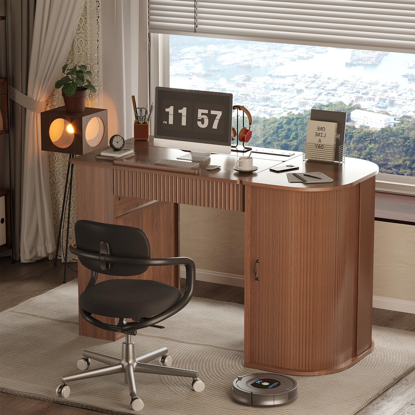 Lurinthal Drafting Table with Storage Cabinet & Drawers, Crafting Table with Open Shelves, Fluted Drawing Desk Computer Desk for Artists, Painters, Drawing, Crafting, Reading, Writing, Working