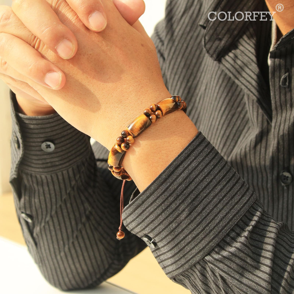 COLORFEY Mens Tiger Eye Crystal Bracelets Genuine Beaded Bracelet Premium Tiger Eye Stone Bracelets for Men Natural Gemstone Bracelet, Handmade Energy Stone Jewelry for Him Ultimate Protection