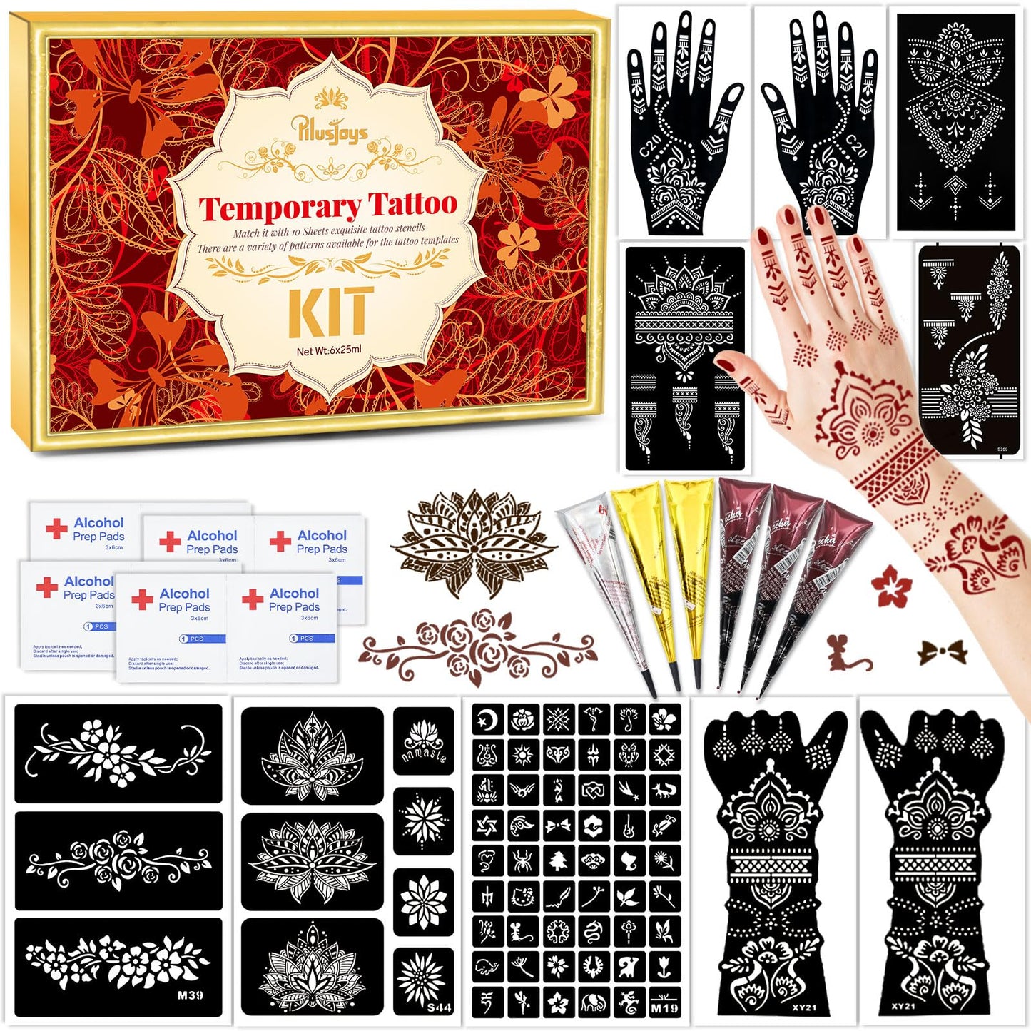 Temporary Tattoo Stencil Kit 10 Sheets (7 Large Hand & Half Arm), 6 Pcs 3 Color Cones (Black/Brown/Cherry Red),Temporary Tattoos for Adults Kids Men Women,DIY Body Art with Stencils