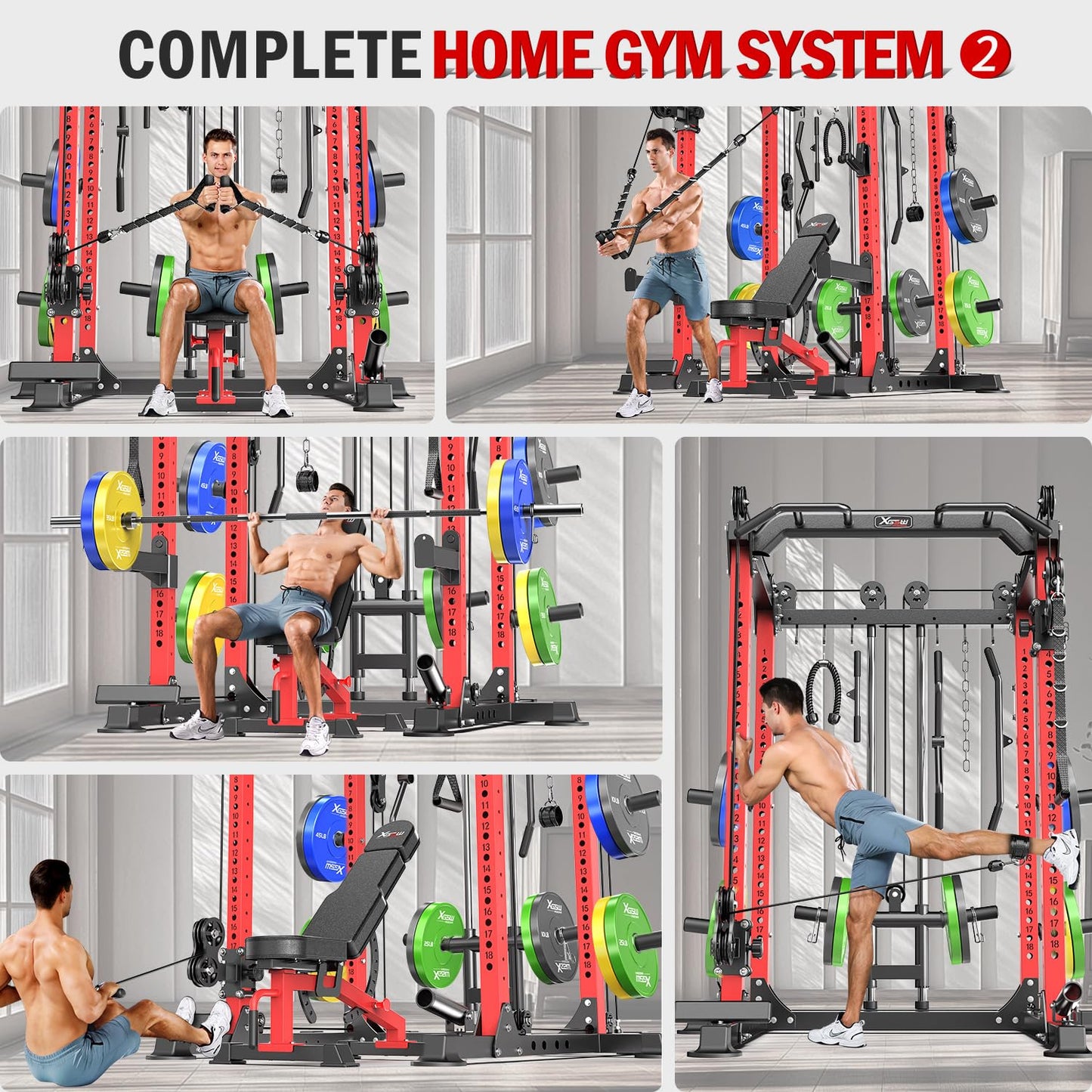 Power Rack Power Cage Multi-Function Squat Rack with Cable Crossover System Selectable More Training Attachment Power Rack for Garage & Home Gym (Red, F Set L02+Weight Bench+（Pole+Color BP） 258LBS)