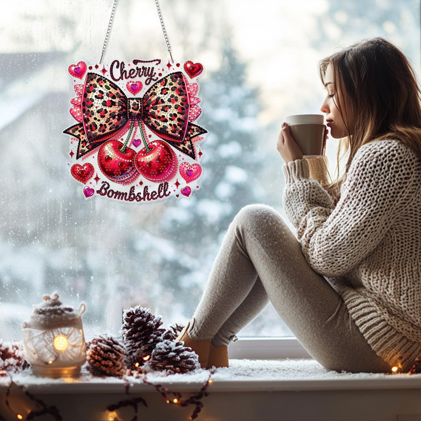GHHKUD Cherry Bow Diamond Art Hanging Kit for Adults, DIY Double Sided Diamond Painting Hanging Valentines Kits Adults, Special Shaped Acrylic Ornaments Pendants for Window Home Garden Wall