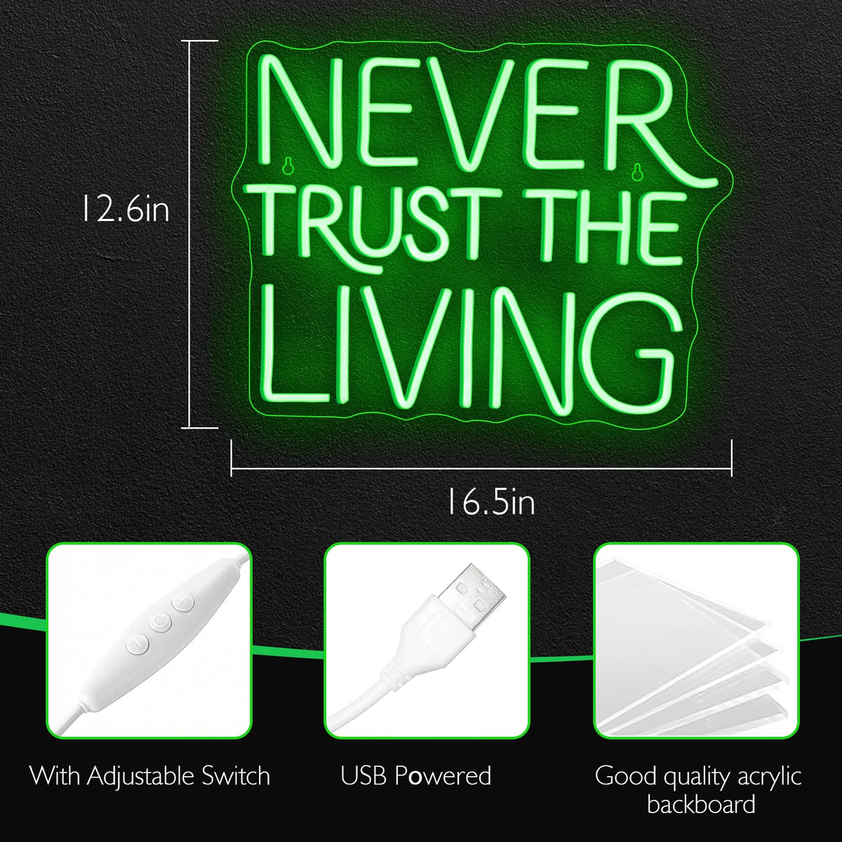 NEVER TRUST THE LIVING LED Neon Sign - 16.5 × 12.6" LED Green Gothic Wall Decor for Halloween, Bedroom, Bar, Horror Movie Theme, Spooky Aesthetic Room Decor, USB Powered