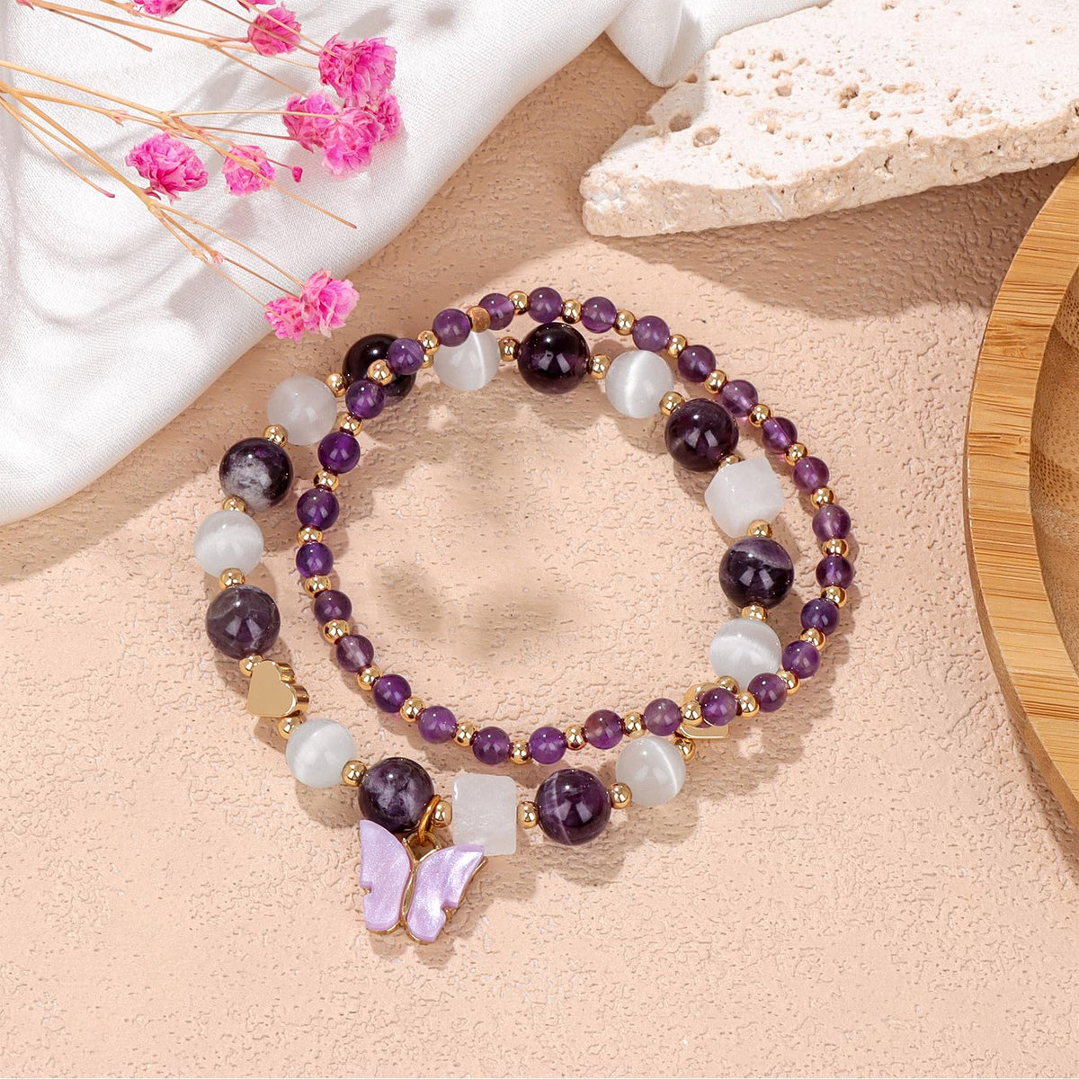 GolbalJew Natural Amethyst Bracelet For Women Purple Butterfly Charm Healing Crystal Beads Bracelets Layered Jewelry Stone Beaded Bracelet Gifts For Women