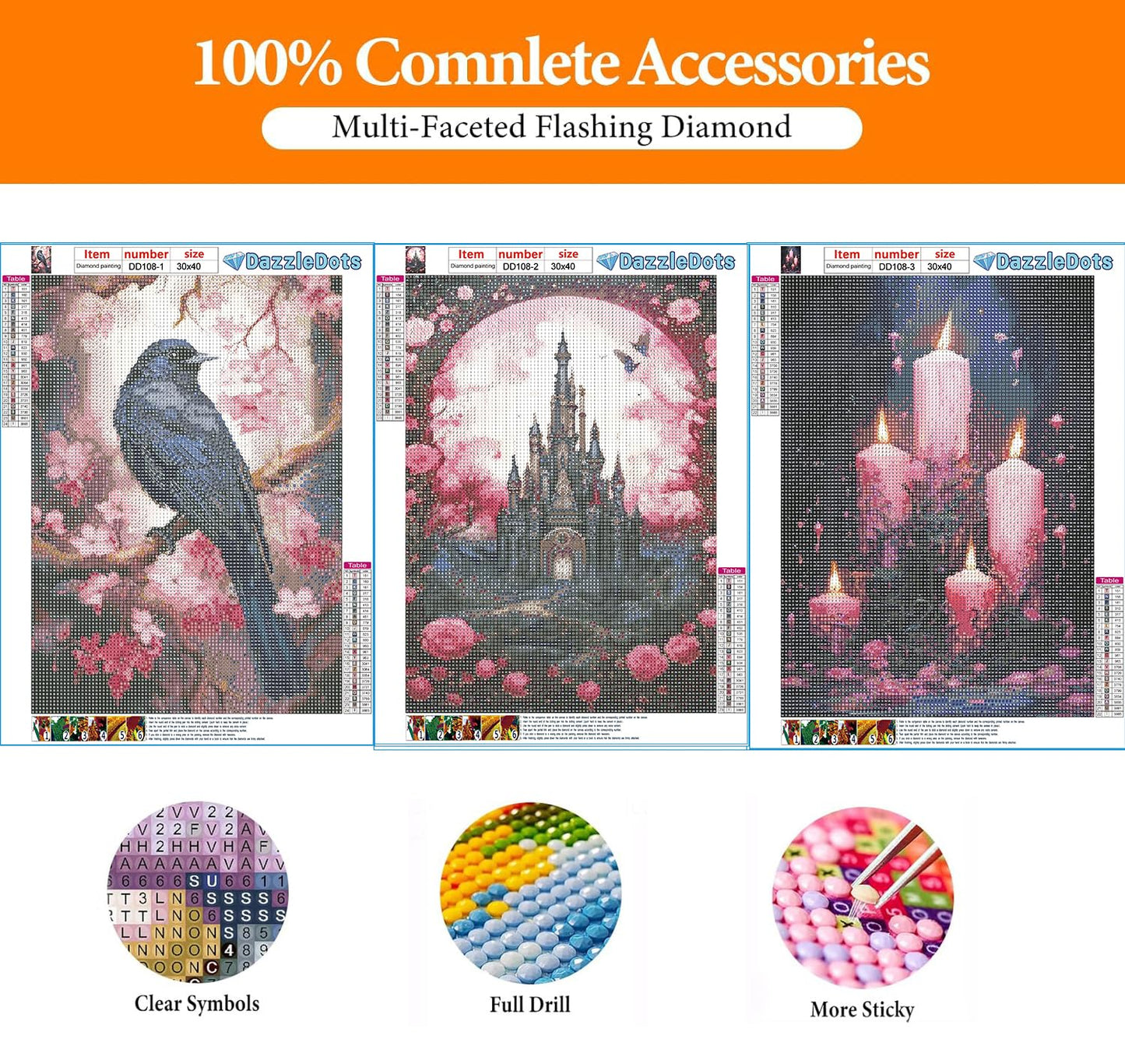 DAZZLEDOTS Diamond Art Kits for Adults, 3 Pack Pink Diamond Painting Kits for Beginner DIY Crow Castle and Candle 5D Full Drill Diamond Dots Crafts for Home Wall Decor Gifts 12x16 Inch