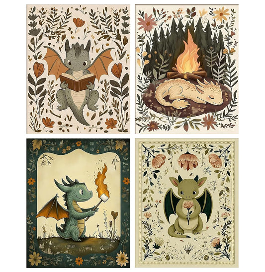 4Pcs Dragon Nursery Diamond Art Kits for Adults Beginners,Full Round Drill Vintage Books DIY Library Diamond Painting Kits,Paint by Diamonds Dot Gem Art Crystal Easy, Home Wall Decor&Gift-12x16in