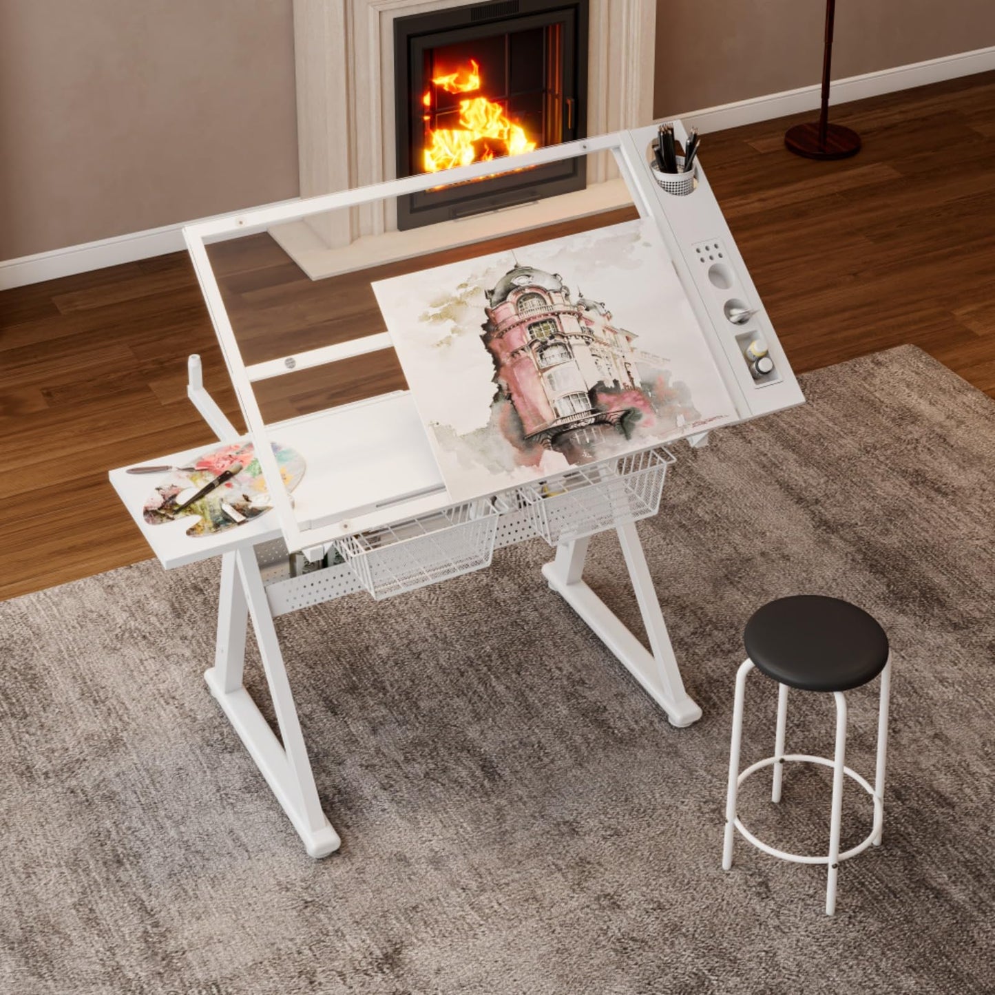Hassyee Hand Crank Adjustable Tempered Glass Drafting Drawing and Printing Table with Chair and Storage Space for Living Room, Study, Bedroom (White)