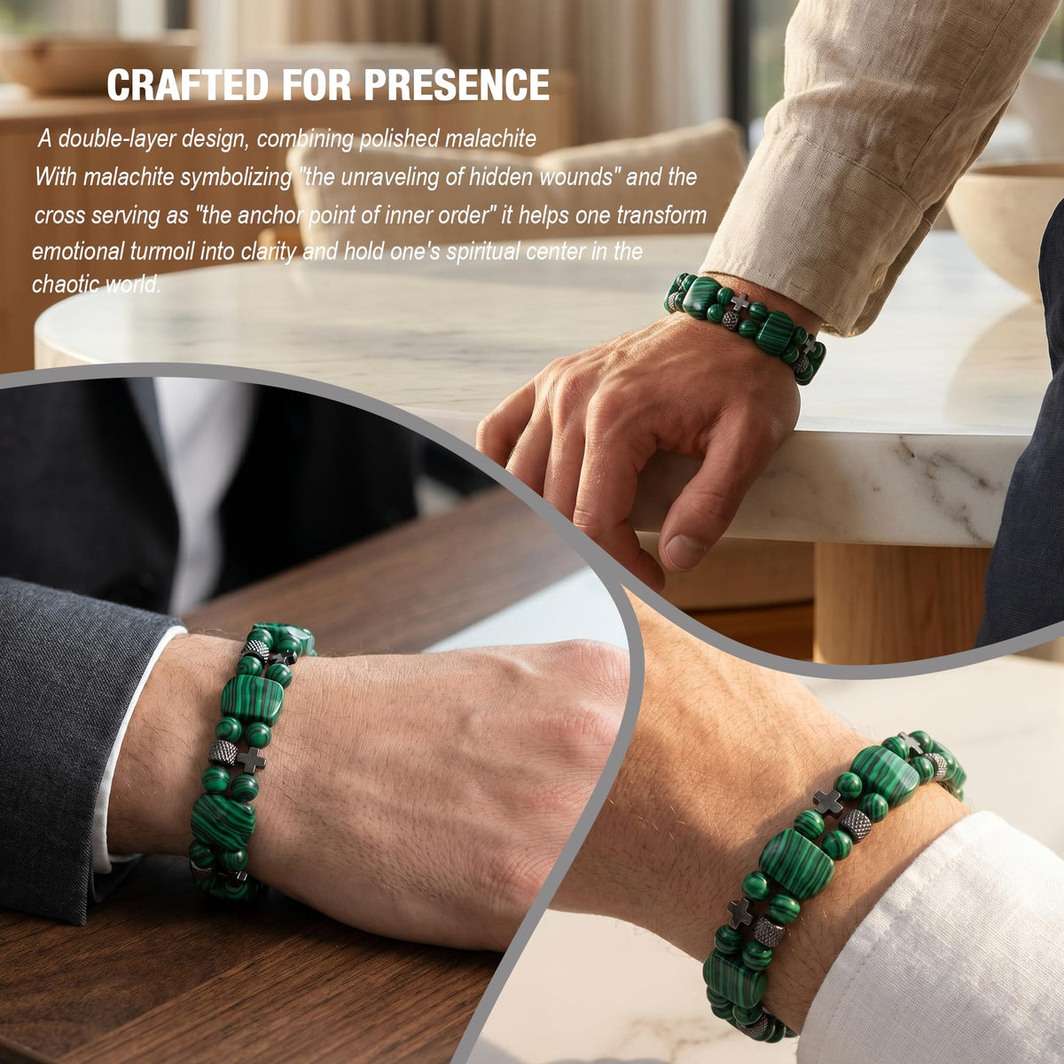 Christian Gifts for Men, Jesus Cross Bracelet for Men Handmade Double Elastic Beaded Bracelets Natural Crystal Gemstone Religious Jewelry for Boyfriend Husband Birthday Anniversary (Malachite)