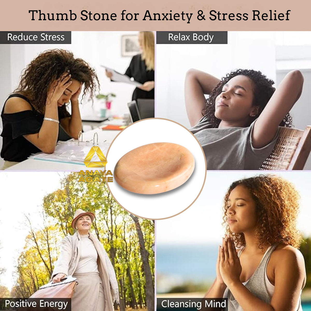 Anaya Agate Peach Moonstone Worry Stones Certified Crystal Thumb Worry Stone for Anguish, Relaxing and Soothing Balance Stones for Meditation, Stress Relief Crystals and Healing Stones for Men Women