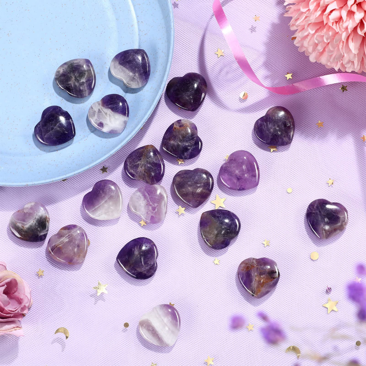 Patelai 24 Pcs Amethyst Heart Crystals Purple Heart Shaped Stones Natural Healing Worry Stones Mini Pocket Gemstone with Black Flannelette Bag for Valentines Gift Reiki Balancing