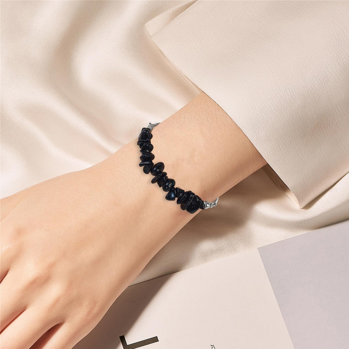 Natural Black Tourmaline Bracelet - Authentic Black Tourmaline Link Chain, Stone Bracelet Healing Protection Energy Chakra Yoga Crystal Jewelry Gift for Women (Style2)