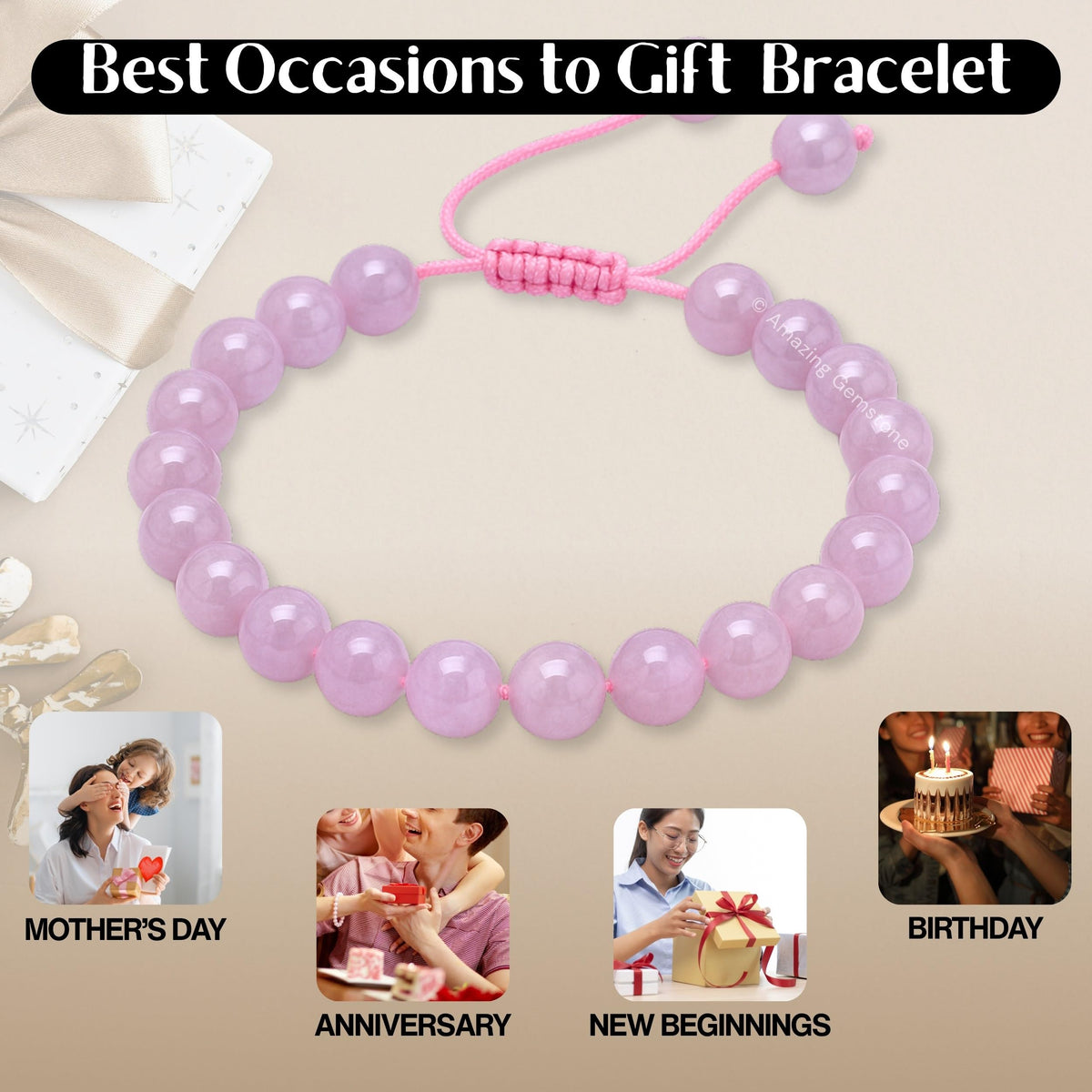 Amazing Gemstone Kunzite Bracelet, Gifts For Men & Women - Protection Healing Crystal Bracelet - 8mm Gemstone Beaded Adjustable Bracelet, Pulseras Para Hombres Mujer Stocking Stuffers