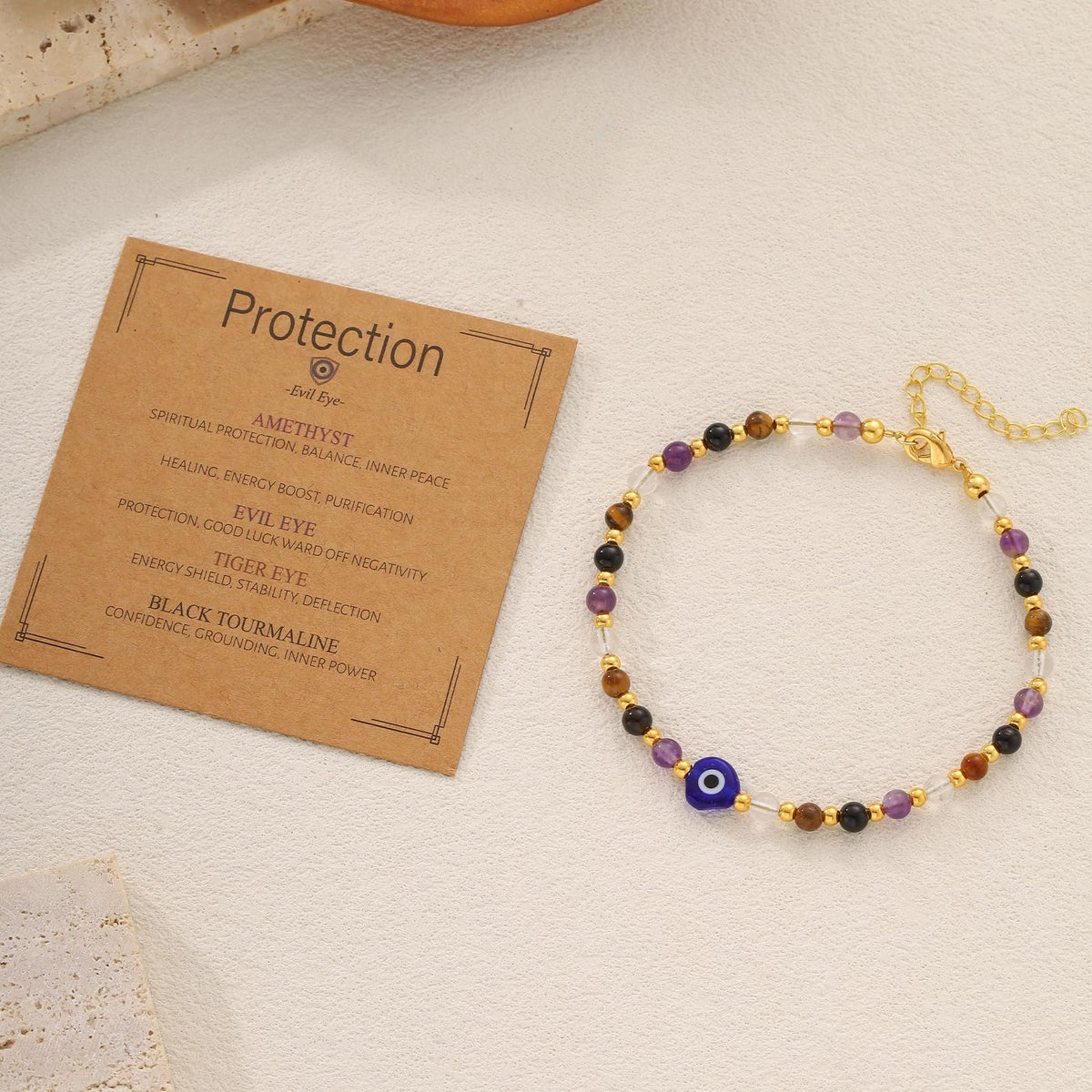 Kenailw Evil Eye Bracelet Natural Crystal Protection Bracelet Healing Stones Amethyst Black Tourmaline Tiger Eye Adjustable Spiritual Guardian Jewelry Gift for Best Friend Women