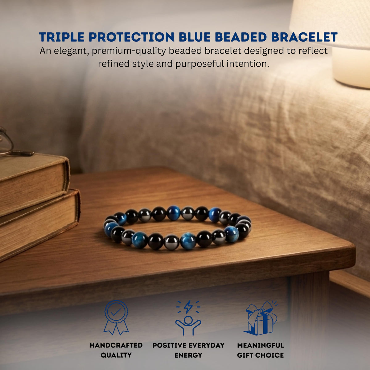 Cherry Tree Collection Triple Protection Blue Beaded Bracelet – Genuine 8mm Gemstone Stretch Bracelet for Men & Women – Handmade Crystal Bracelet - (Triple Protection Blue - M)