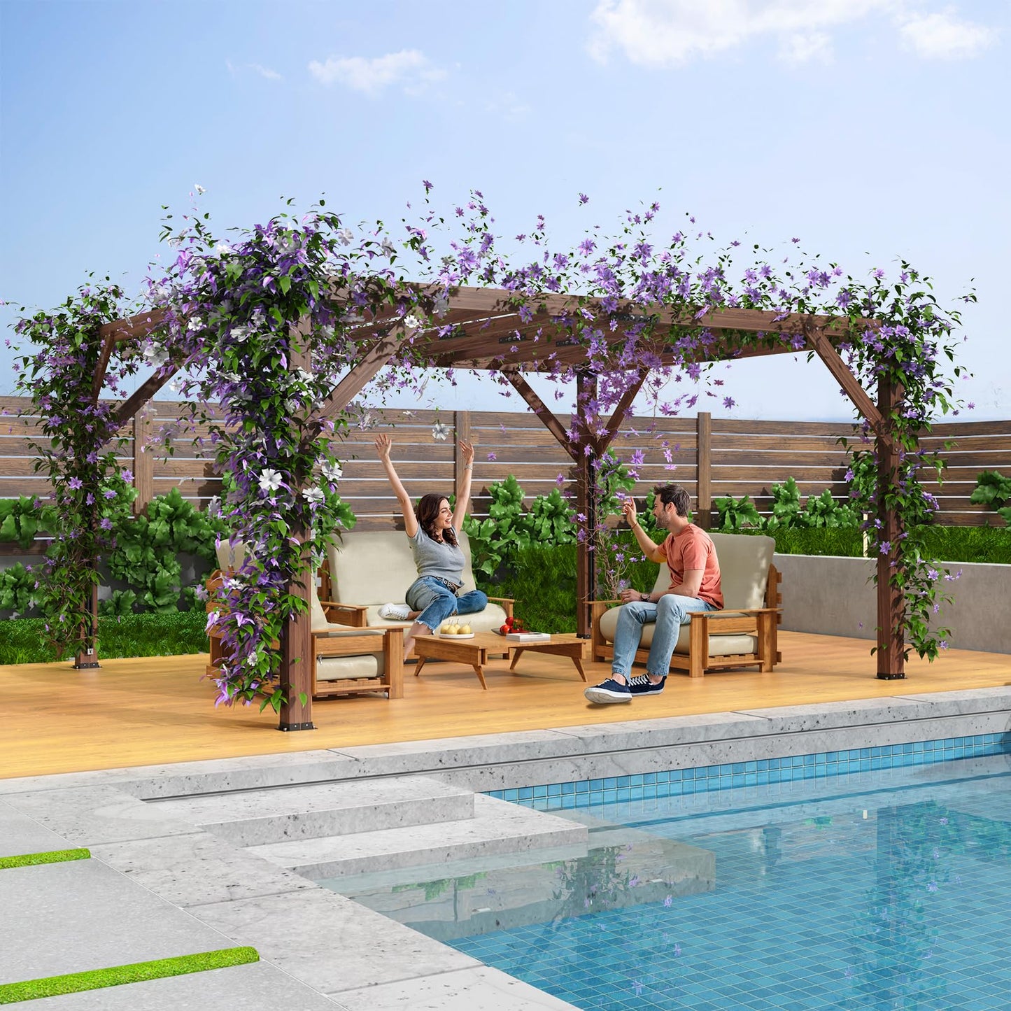 12'X 14' Cedar Wood Pergola, Stylish Outdoor Addition, Retractable Shade Canopy, Durable & Rot Resistant, Versatile Design, for Backyard, Garden, Deck, Outdoor Entertaining