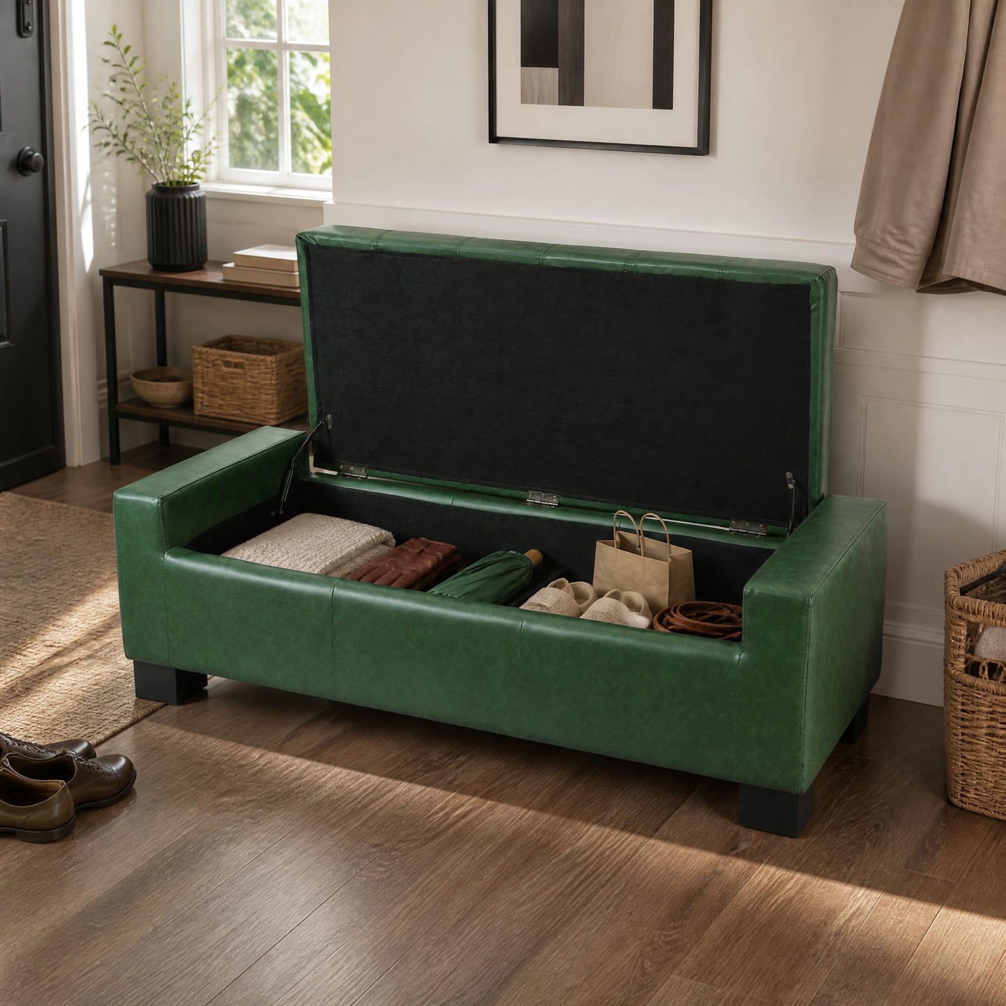 Christopher Knight Home Vance Tufted Storage Ottoman Bench, PU Upholstered Ottoman with Storage, Modern Bedroom End of Bed Bench with Storage, Comfy Living Room Sofa Extra Seat, Green+Black